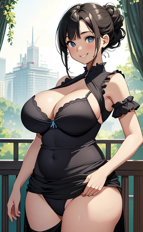 (masterpiece:1.4、top-quality、illustration:1.4,realistic、)、(character focus、,upper body:1.3)、(1girl),(happy smile:1.3),(cute),cute face,blue eyes、(cute)、
,(stand:1.4),(black hair bun),
,(slender),(loose dress:1.3),
(),(Saggy breasts:1.8), (huge breasts:1.3)、
、slender、