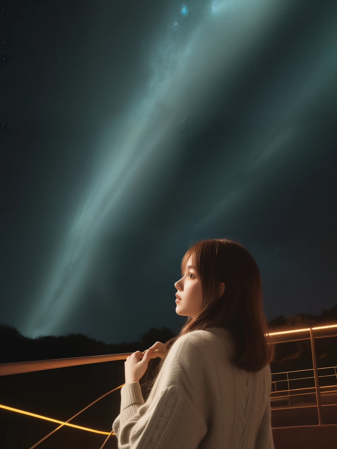Cosmic Energy, Glow Wave, wallpaper, Miniature Core, Rust and electric green flakes, RTTX 10.0, Average Ukrainian (girl:1.1) Attend a concert, Wearing an alpaca wool print cropped cardigan, Looking into the distance, The world of concept art, Very detailed, Super detailed, There's a supernova explosion in the sky