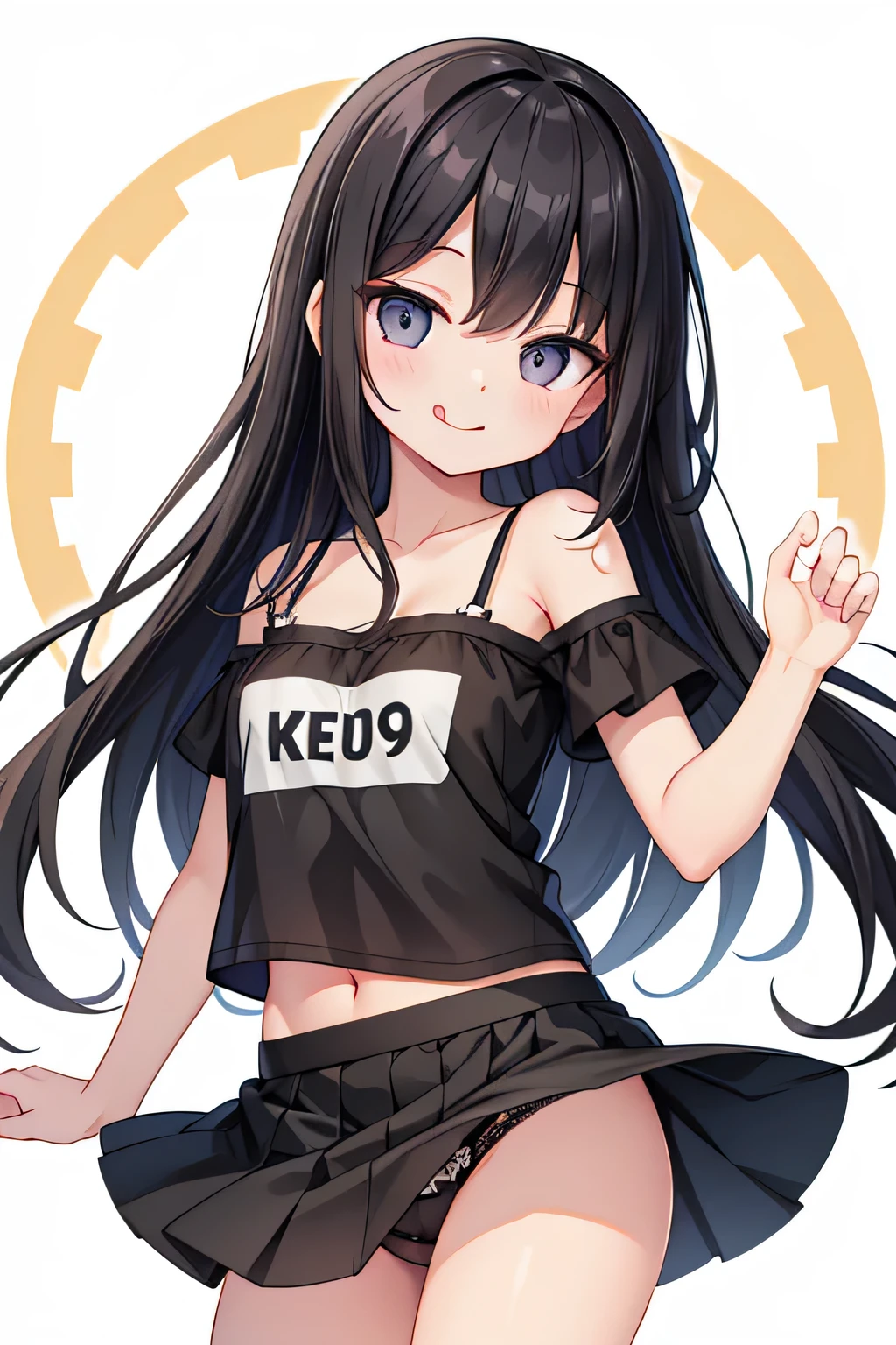 highest quality、Tongue out、smile、Black Panties、Panty shot、Black Hair、Long Hair、camisole、mini skirt