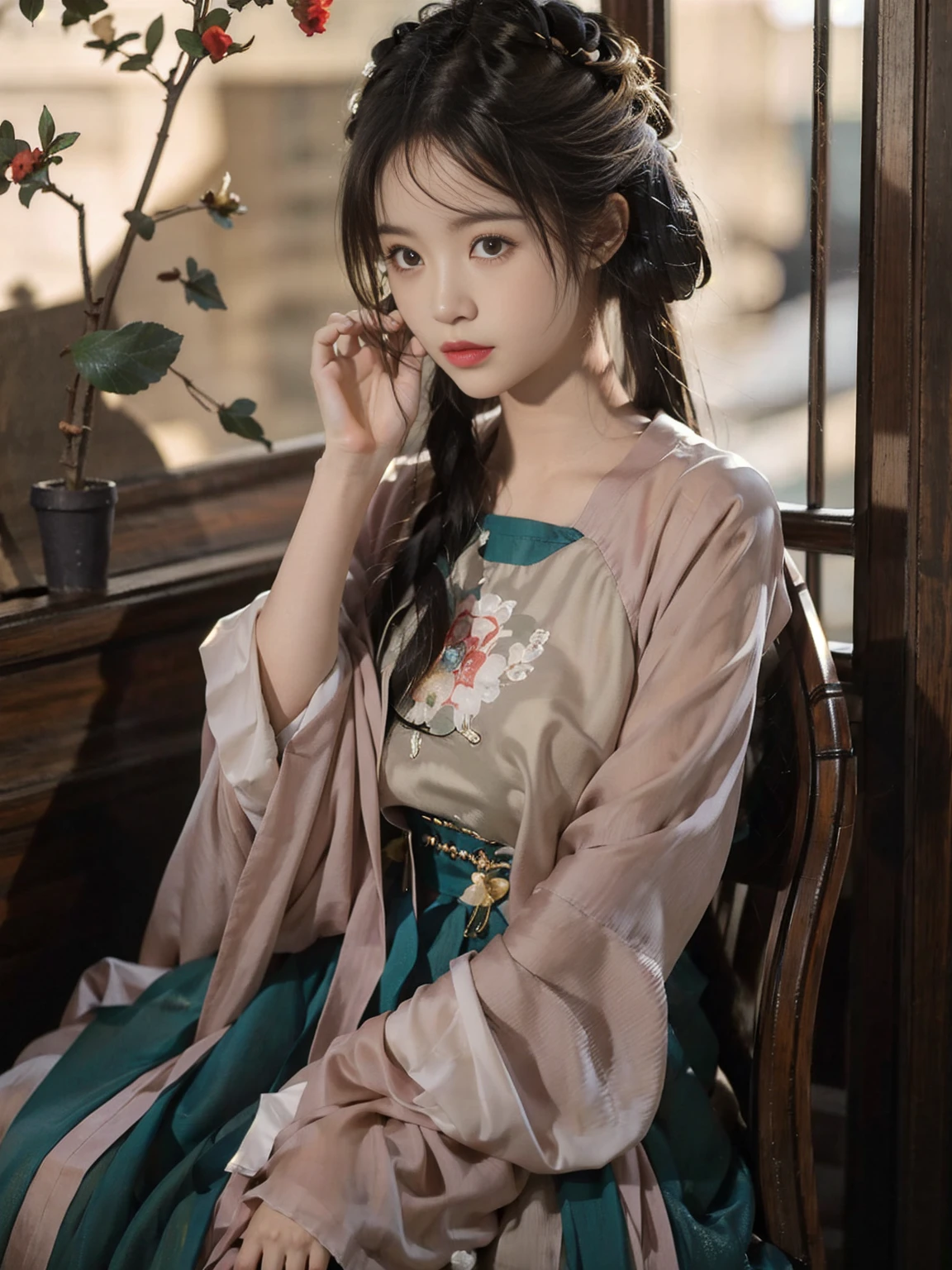 Old town,The streets are lined with quaint buildings.。Girl sitting elegantly on a chair,Lean forward slightly,Chin on both hands,Focusing on the front,His expression is full of seriousness and concentration。The sun shines on her,Covering her with a layer of golden glory。