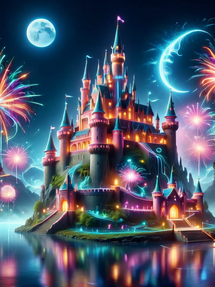 (Neon),Circuit Board,(A mysterious dream castle:1.5), night,(moon:1.5),(Bubbles),(fireworks:1.5),Dreams,(Psychedelic),(Neon light),In dreams,A hidden lake,Bright colors,A Glowing Feast,Add a unique character emitting the ethereal aura of a fantasy creature by the water,Wide angle lens,Make it panoramic,Showcasing stunning castle woodland scenery,This magical scene is full of the essence of the fantasy world, Fine fractal,smooth,vivid,Color ink,sketch,Shiny silhouette,(Ultra HD, masterpiece, precise, Anatomically correct, textured skin, High Detail, high quality, The award-winning, 8k), nlgtstyle
