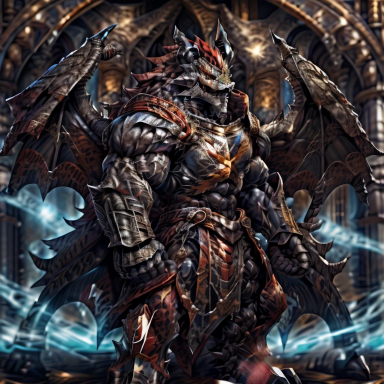 demon lord dragon batzz, BlackKnight_fe, (masterpiece, best quality, detailed:1.2) full body, detailed full body, a knight's mechanical armor, glowing wide and heavy armor, wears full body armor. massive muscles, huge pecs, chiseled abs, huge pectorals, exaggeratedly huge muscles. wearing a cloak. unusually developed muscular body big muscle, pecs, triceps, traps, waist narrow, unusually developed muscular body, The claws are sharp, Sharp teeth, Spread wings, It has wings. have big wings.