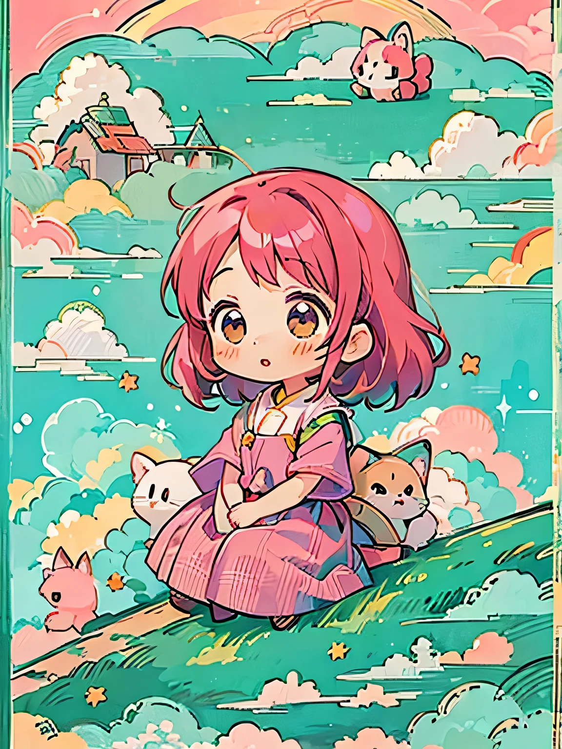 Momoko Sakura style, Kawaii Design, The most beautiful girl of all time、Chibi、(((Above the Clouds)))、Lots of animals, fun