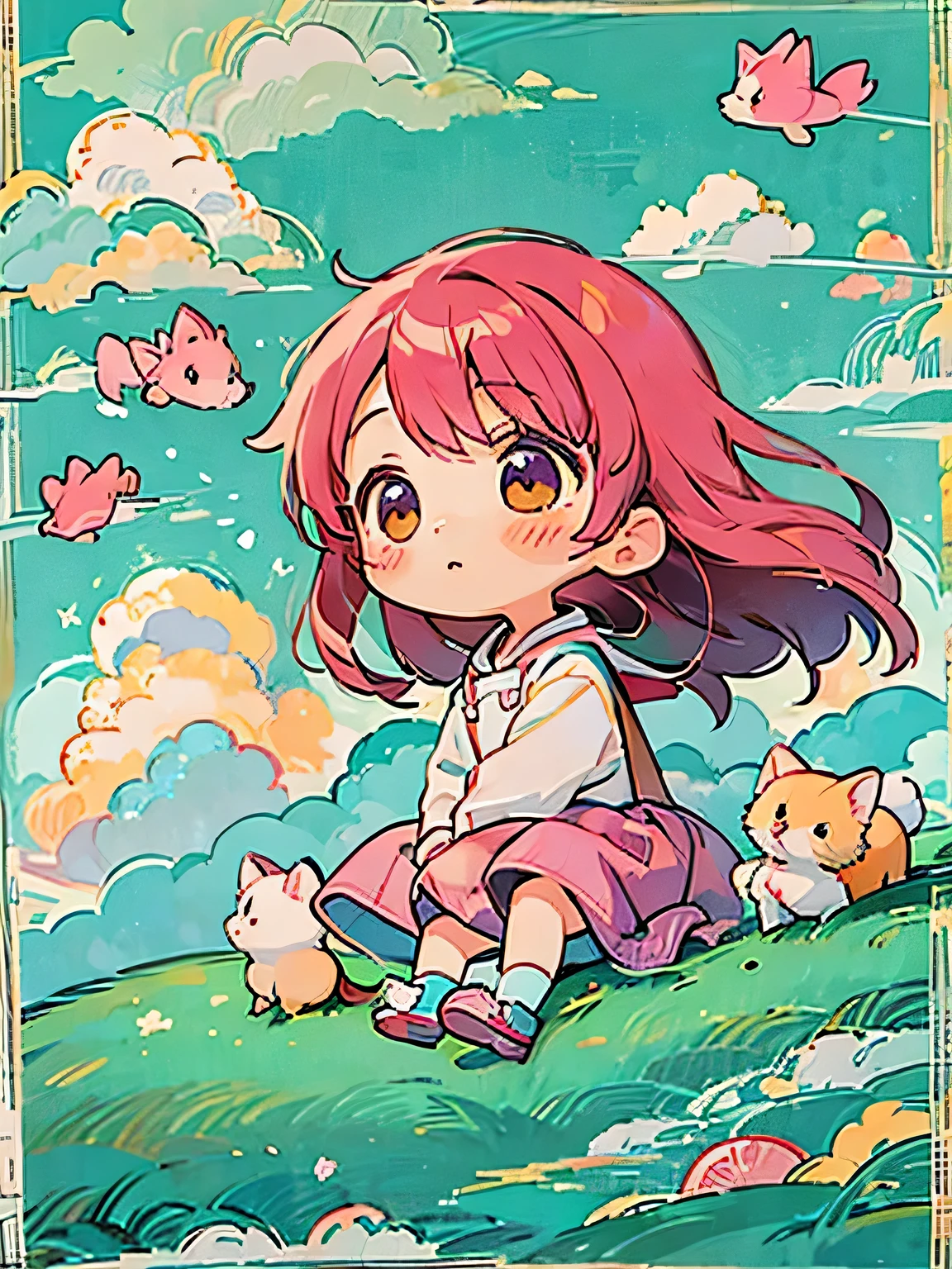 Momoko Sakura style, Kawaii Design, The most beautiful girl of all time、Chibi、(((Above the Clouds)))、Lots of animals, fun