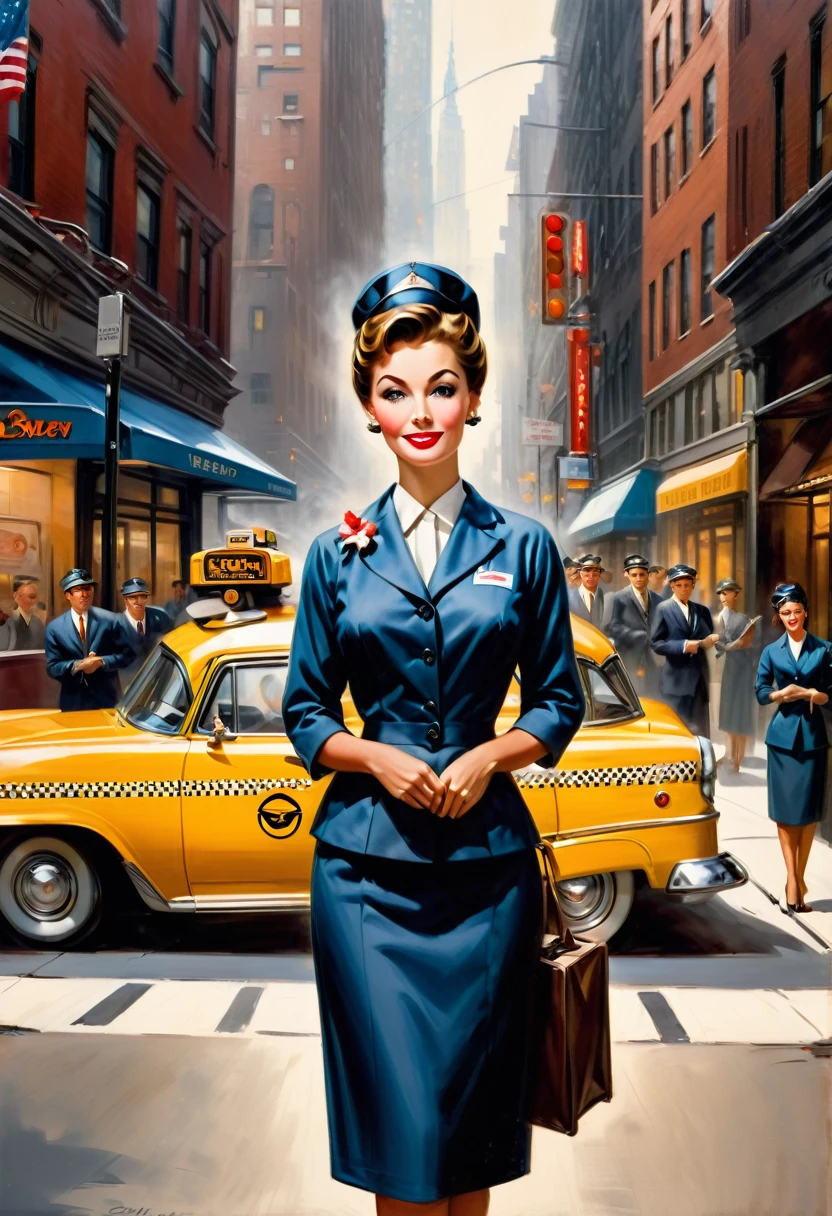 "Masterpiece, Best Quality, Realistic, Very Detailed: 1.2), A modest stewardess in 1959 in simple business attire. She is depicted standing at a street corner in New York, hailing a taxi, painted by Gil Elvgren with clearly visible brushstrokes."