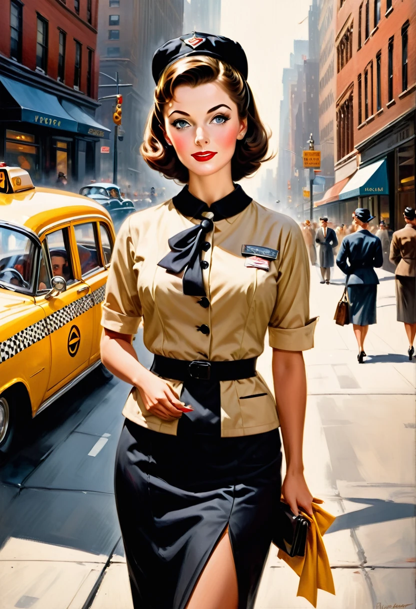 "Masterpiece, Best Quality, Realistic, Very Detailed: 1.2), A modest stewardess in 1959 in simple business attire. She is depicted standing at a street corner in New York, hailing a taxi, painted by Gil Elvgren with clearly visible brushstrokes."





