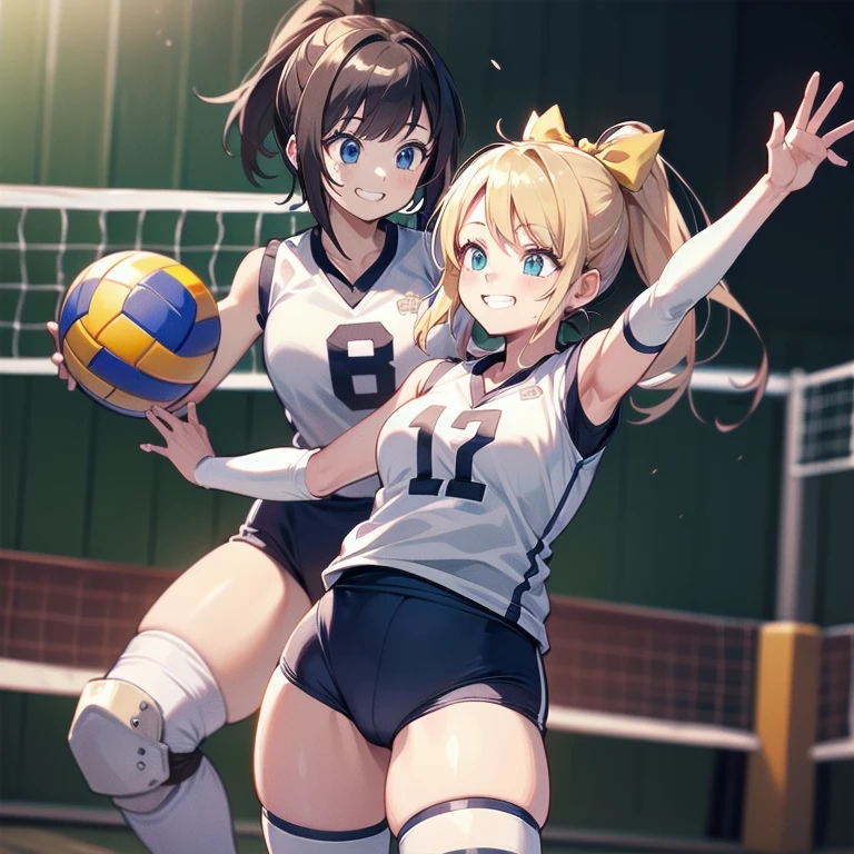 unity 8k wallpaper, Anatomically correct, (((masterpiece))), (((highest quality))), (((Super detailed))), (((High resolution))), ((Ultra-fine illustrations)), ((The ultimate cuteness)), Beautiful face in every detail, Shiny Hair, 18-year-old, ((Potbelly)), (Curvy), Medium chest, ((Thick thighs)), Sleeveless color volleyball uniform, ((Bloomers)), ((Knee pads)), (Elbow pads), ((Hold volleyball)), ((Hold a 6 inch volleyball)), Cowboy Shot, Volleyball court, In the school gym,
BREOneK, (lily), Two Girls_One_and_B, One girl_have_{{Blonde ponytail}}_{Hair Bow}_{{Happy}}_{smile},
BREOneK, B-Girl_have_{Black short hair}_ {Hair Bow}_{{{Grin}}}