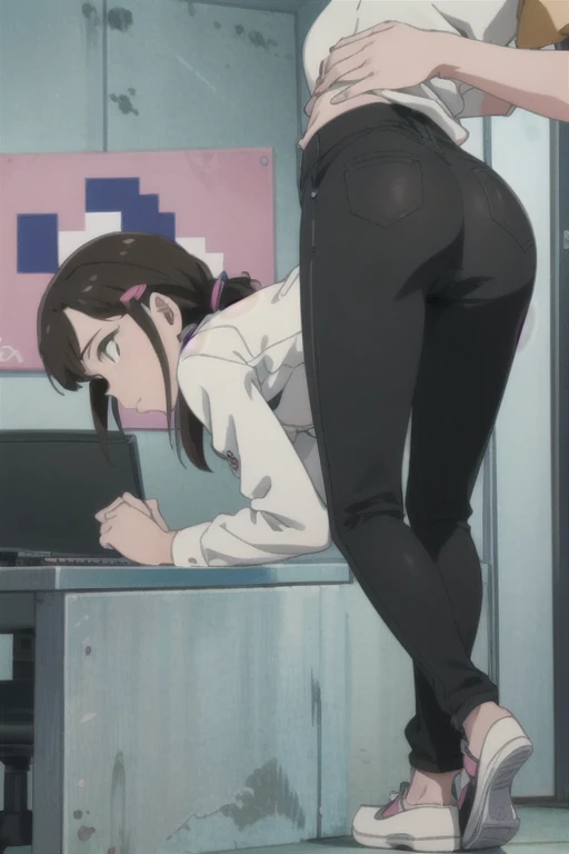 (((pixel-perfect, detail-perfect))), solo, 1girl, yasuko yaegashi, black pants, full body, flat torso, front view, shy, bending over, in office, ass zoom foc, spread ass, hands on ass