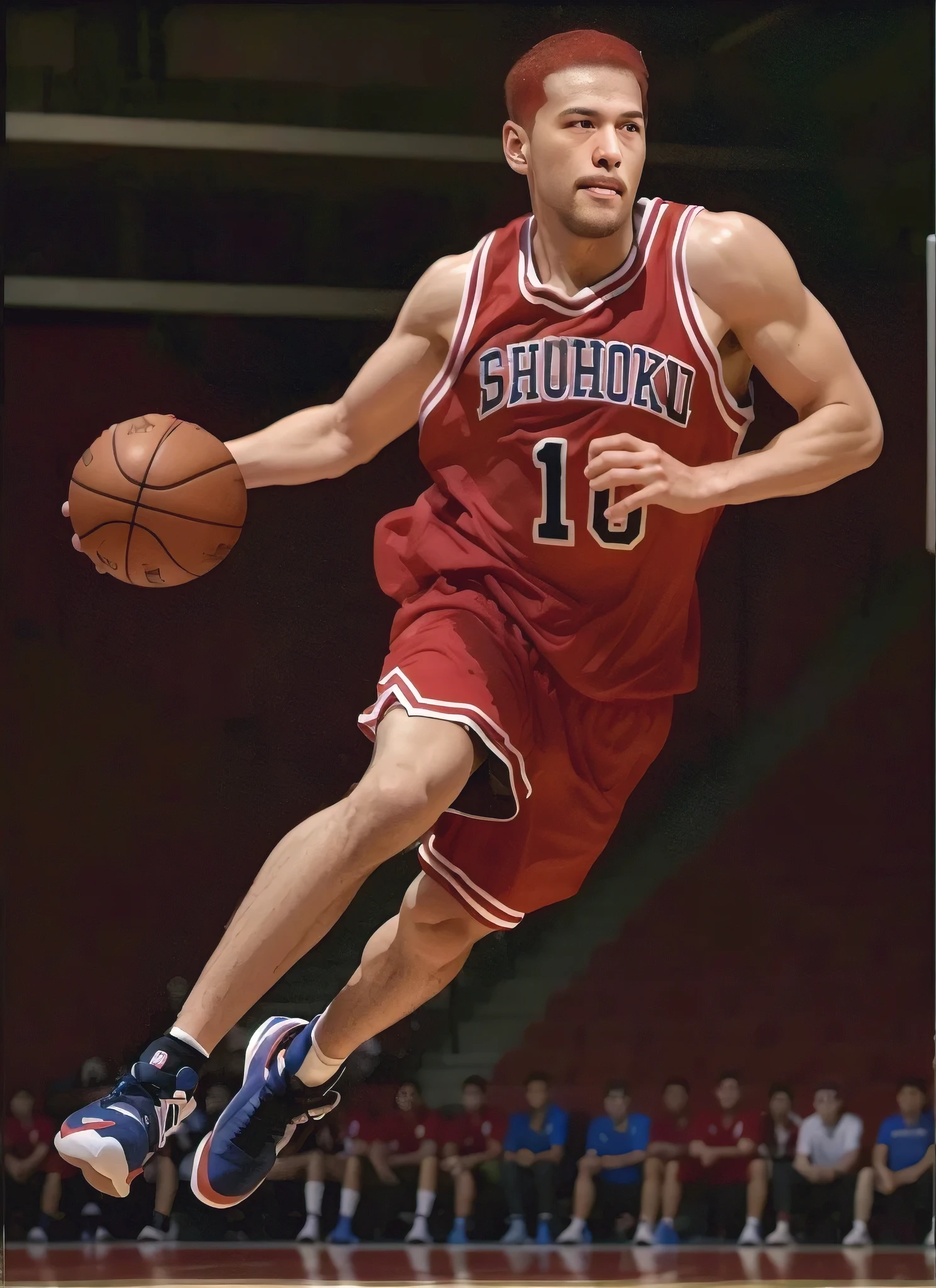 Basketball player Arafed in a red uniform runs with the ball in the air., Naoki Ikushima, Masami Kurumada, Visualization, Greg Rutkowski, Greg Rutkowski, full, Makoto Kano, Mike Nash, Takeyuki Kanda, Shogakukan, Keisuke Goto, Naoya Tanaka, Greg Rutavsky