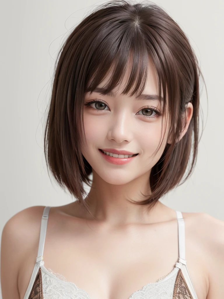 (highest quality、8k、32k、masterpiece)、(Realistic)、(Photorealistic:1.2)、(High resolution)、Very detailed、Very beautiful face and eyes、1 girl、Round and small face、Narrow waist、Delicate body、(highest quality、Attention to detail、Rich skin detail)、(Realistic、Realistic:1.37)、Bright colors、(((Brown Hair)))、(((Bust Shot)))、(((Medium Hair)))、(((Thin eyebrows)))、(((Stylish hairstyle)))、(((Pure white wall background)))、(((Pure white wall background)))、(((smile)))、(((White lacy bra)))、(((Brown Hair)))、(((I'I'm combing my hair with my right hand)))、(((grey and white tank top)))