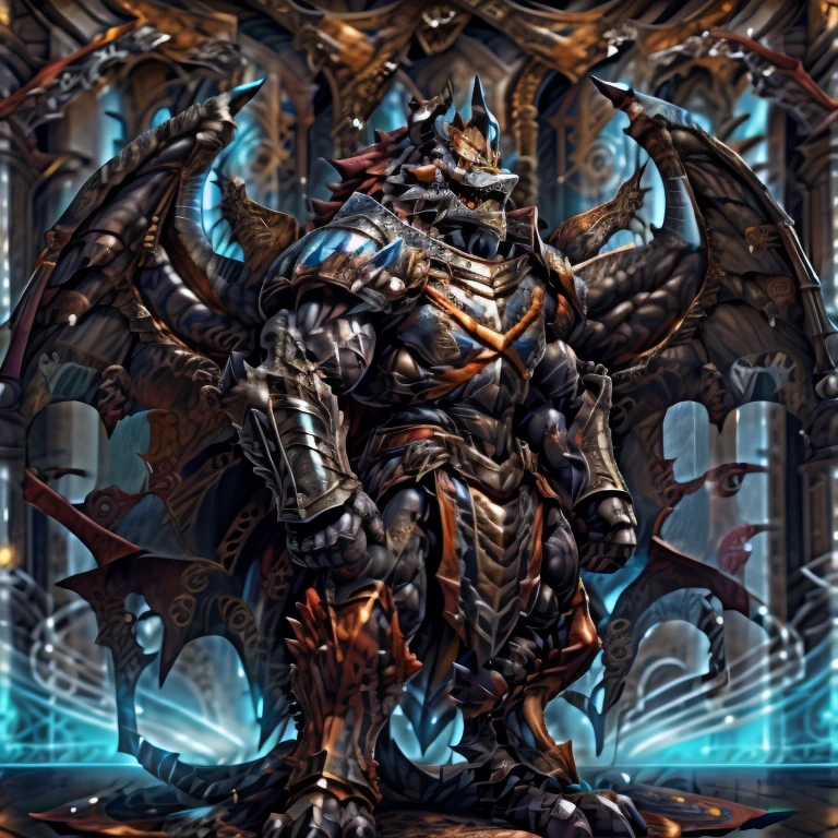 demon lord dragon batzz, (masterpiece, best quality, detailed:1.2) full body, detailed full body, a knight's mechanical armor, glowing wide and heavy armor, wears full body armor. massive muscles, huge pecs, chiseled abs, huge pectorals, exaggeratedly huge muscles. wearing a cloak. unusually developed muscular body big muscle, pecs, triceps, traps, waist narrow, unusually developed muscular body, The claws are sharp, Sharp teeth, Spread wings, It has wings. have big wings.