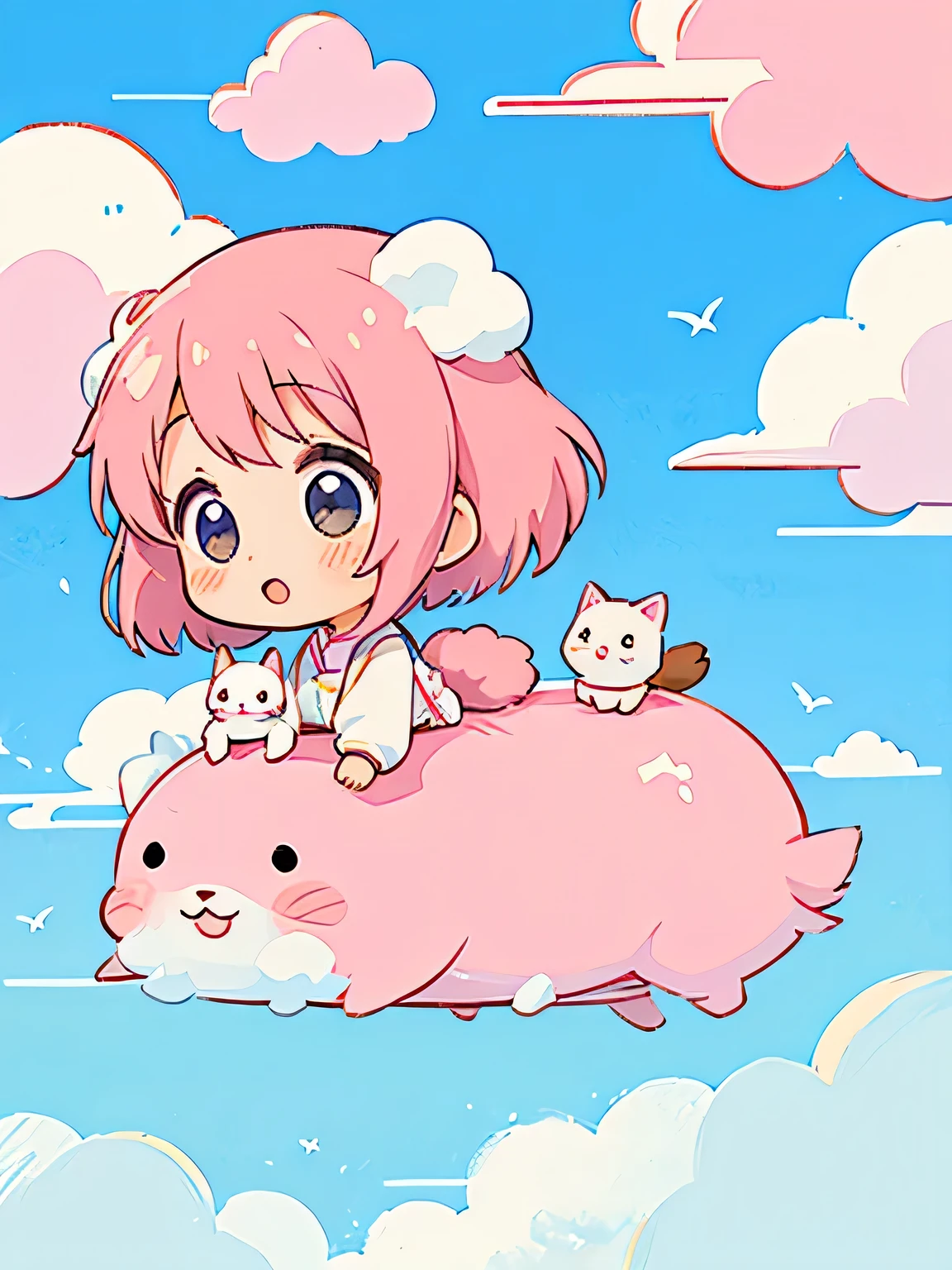Momoko Sakura style, Kawaii Design, The most beautiful girl of all time、Chibi、(((Above the Clouds)))、Lots of animals, fun