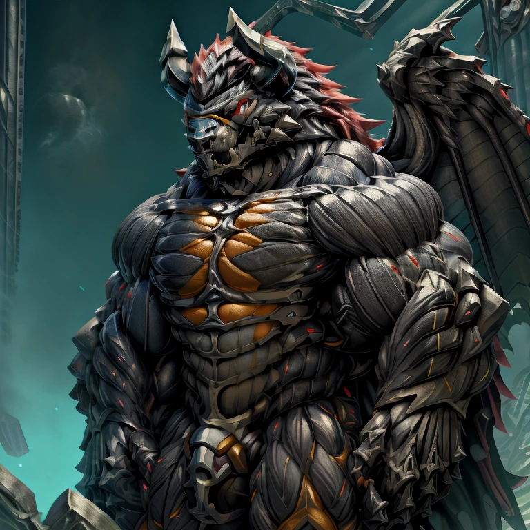 wearing crNanosuit, demon lord dragon batzz, (masterpiece, best quality, detailed:1.2) full body, detailed full body, a knight's mechanical armor, glowing wide and heavy armor, wears full body armor. massive muscles, huge pecs, chiseled abs, huge pectorals, exaggeratedly huge muscles. wearing a cloak. unusually developed muscular body big muscle, pecs, triceps, traps, waist narrow, unusually developed muscular body, The claws are sharp, Sharp teeth, Spread wings, It has wings. have big wings