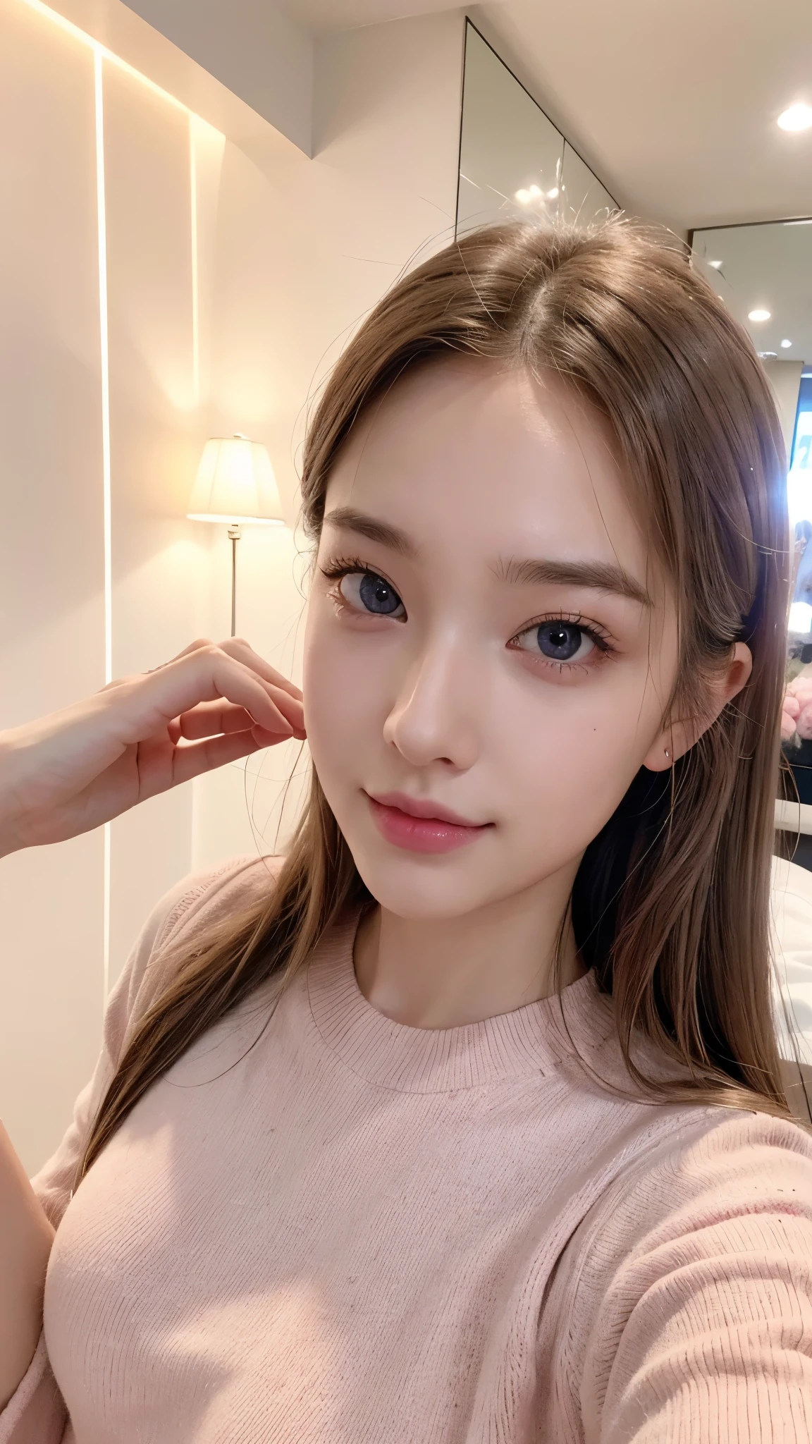 A girl, aged 18, taking a selfie in front of her bedroom mirror, with pink LED lights illuminating the background, wearing tight-fitting clothes. (best quality, 4k, highres, masterpiece:1.2), highly detailed, ultra-detailed, realistic:1.37, professional, vivid colors, studio lighting, bokeh, physiologically based rendering, long eyelashes, beautiful detailed eyes, beautiful detailed lips, extremely detailed eyes and face, pink LED lights, mirror reflection, clear focus, charming smile, self-assured pose, modern decor, youthful atmosphere