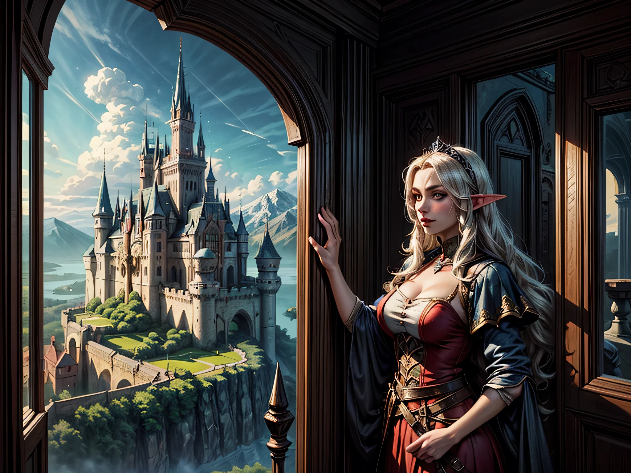 fantasy art, RPG art, a princess looking through her window at a magical castle, a beautiful elven princess looking through her window to see a magical castle, an impressive best detailed castle, with towers, bridges, a moat, standing on top of a mountain colouredglazecd_xl