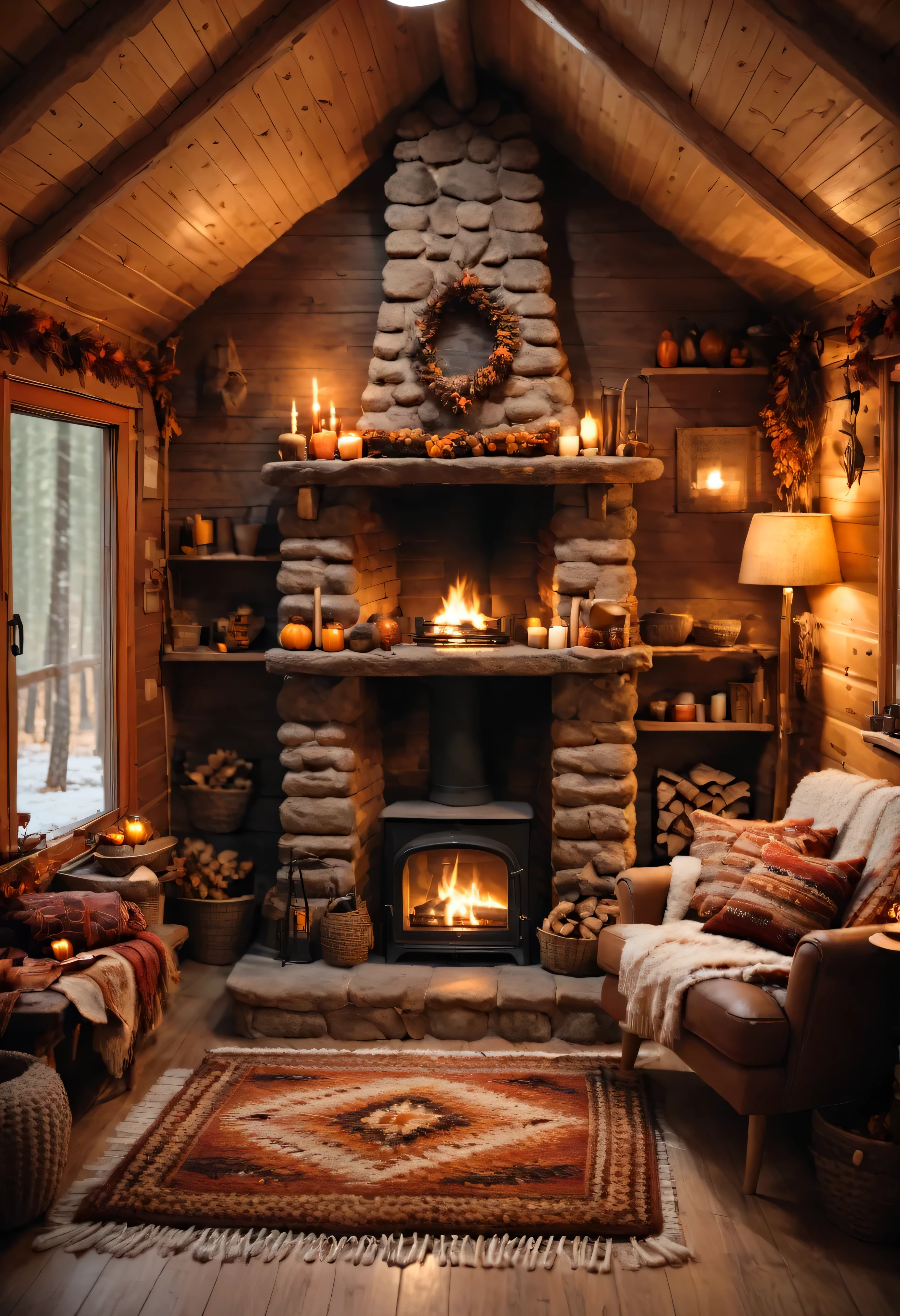 a view of a cabin with a fireplace and a rug autumncolor, warm interior, cozy place, inside of a cabin, cozy environment, in a cabin, cozy setting, cozy room, cosy atmoshpere, warm interiors, wide shot of a cabin interior, cozy atmosphere, cozy atmospheric, warm living room, cozy wallpaper, cabin in the woods, cozy and peaceful atmosphere