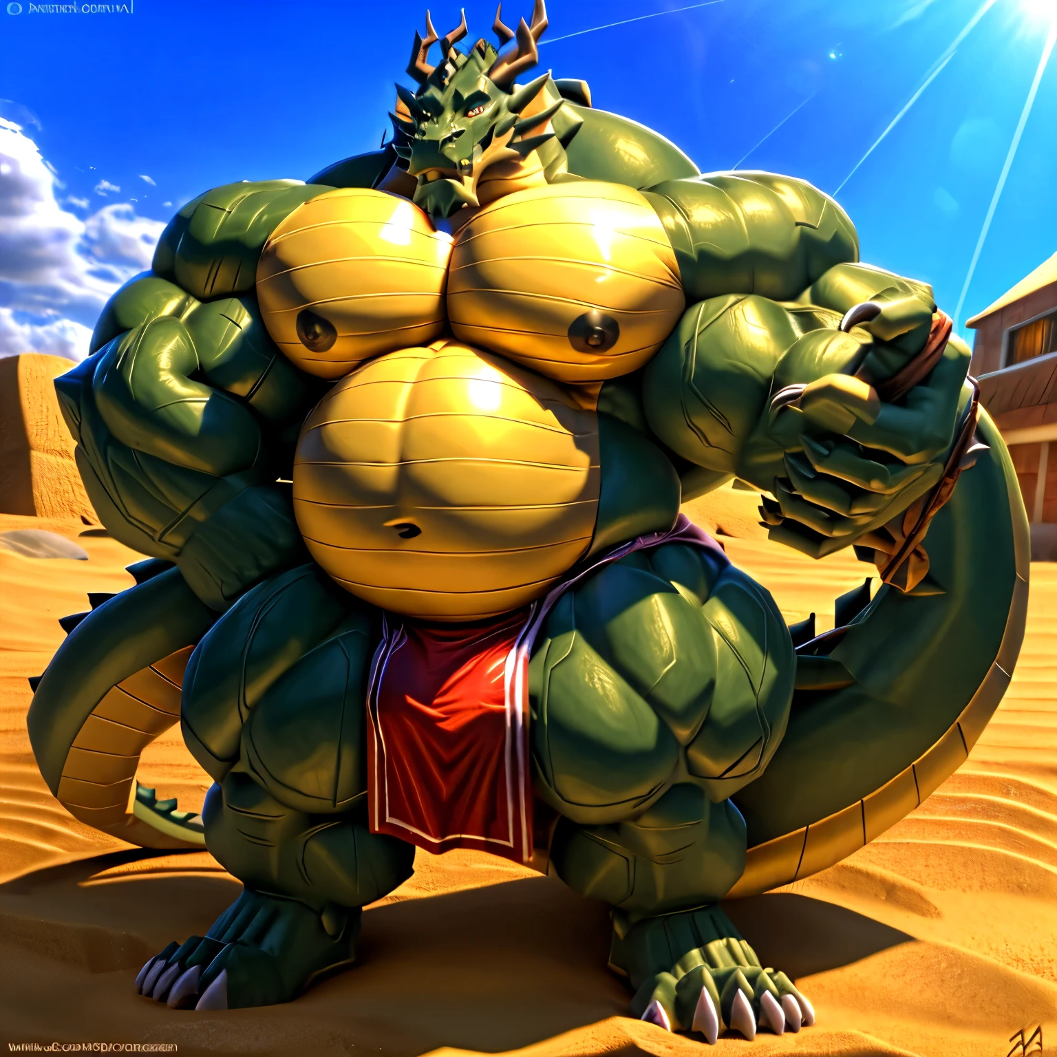 shendu, eastern dragon king, male dragon, eastern dragon,hefty body, with very big muscles, hulking, huge, colossal body, extremely strong, big abdominal muscles, hefty musclegut, pecs, Strong and robust musclegut , prominent muscle abs, sharp claws, legs, feet, full body, loincloth, nipples, sunlight, daylight, outdoor, bright , at noon, good weather, 4k, best quality,
