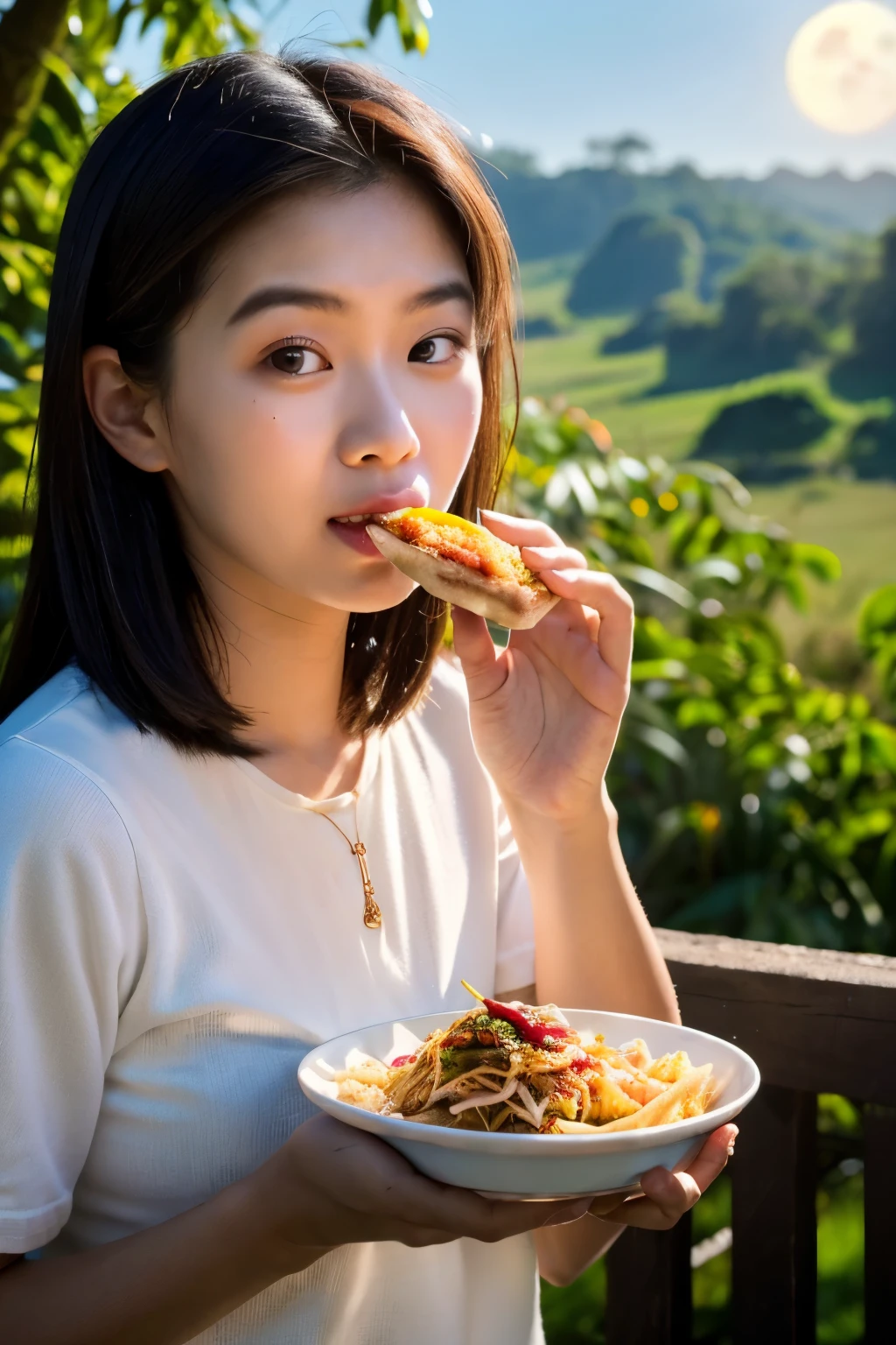 ((best quality)), ((masterpiece)), (detailed), perfect face
beautyfull asian girls eating some traditional food from indonesia,
with background bright light of big moon