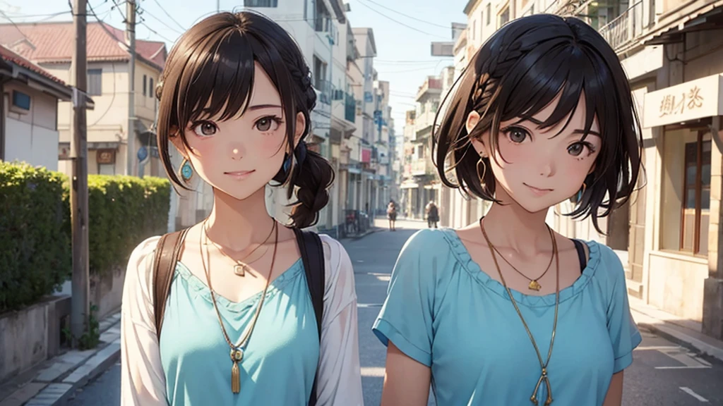 Vietnam cityscape、Women in their teens to 40s、(Stylish, relaxed clothing)Spring-like adult woman、/(Dark Brown Hair/)bangs、cheek(direction)、(Masterpiece 1.2)Delicate illustration with super details、BREAK (Ancient Capital:1.2) (The background is fresh green)、、()、blue sky、Detailed background、whole bodyが写る、A shy smile、Clench your teeth、Grit your teeth、lip、cheek(Flat Color: 0.8)、(Masterpiece: 1,2)、(Masterpiece: 1,2)、High Resolution、Ultra-high detail、highest quality、High resolution、Ultra-thin illustration、Makoto Shinkai Style、Your Name is Style、Short Bob、necklace、Earrings、Dynamic Pose、Selfie、whole body、Brown Hair、Braid、Bun Hair、ponytail・Chignon hairstyle、necklace、Valletta、ribbon、Earrings、マニキュアSelfie。