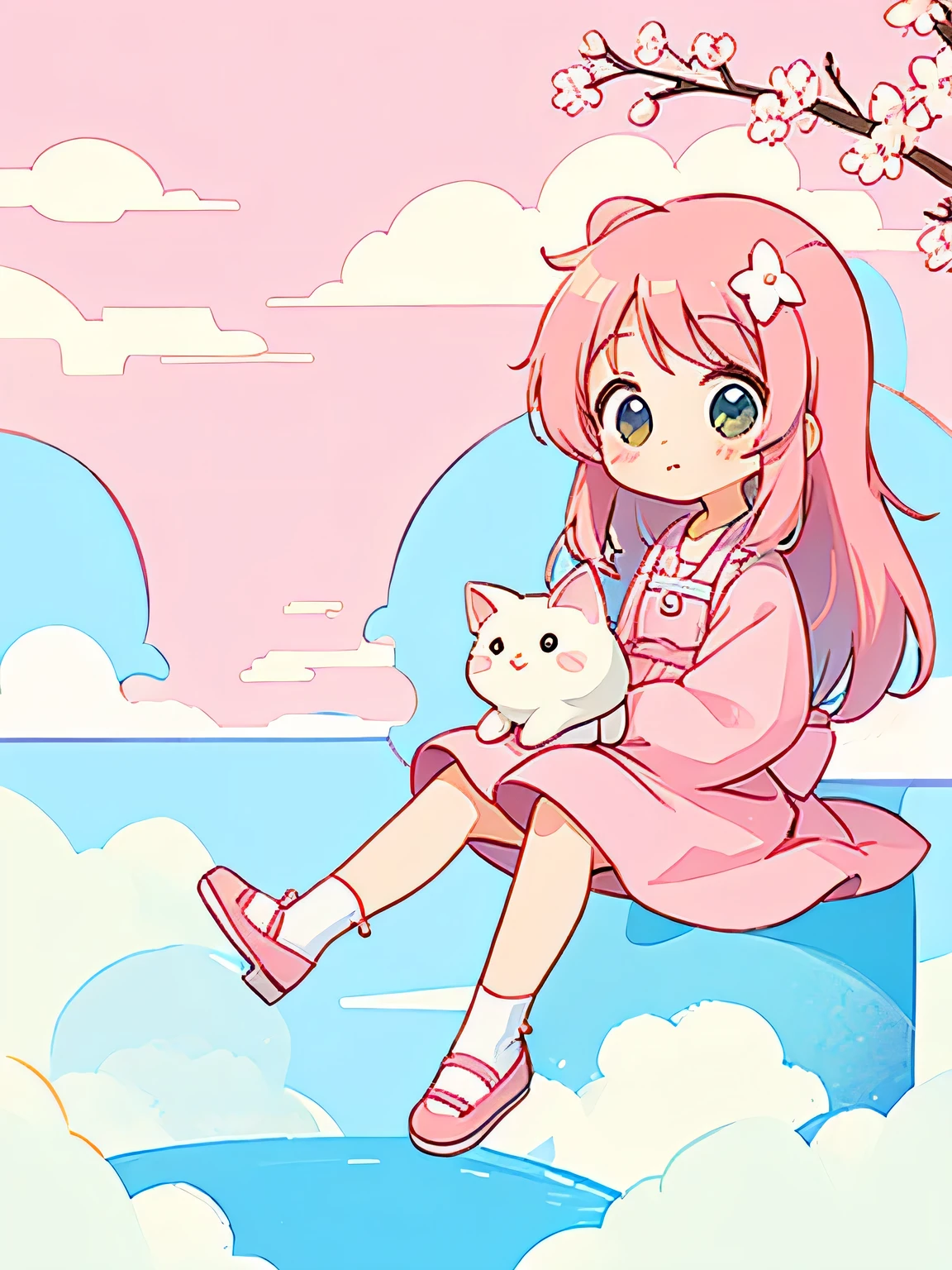 Momoko Sakura style, Kawaii Design, The most beautiful girl of all time、Chibi、(((sitting on the Clouds)))、Lots of animals, fun