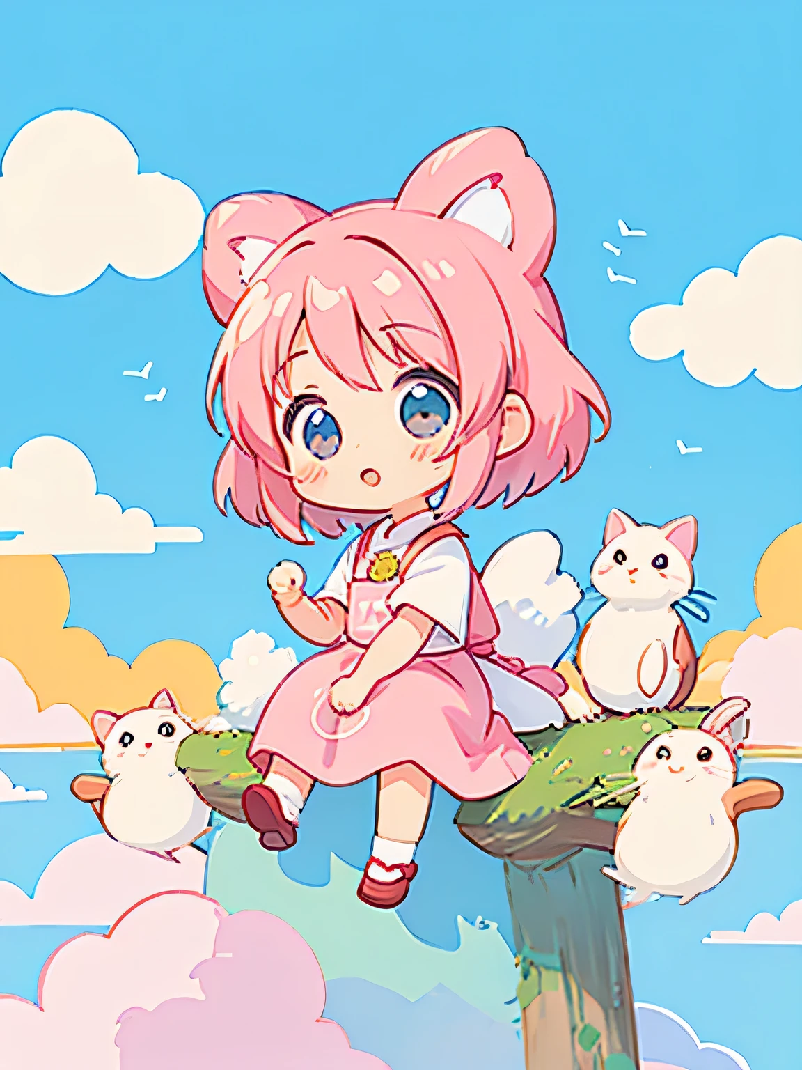 Momoko Sakura style, Kawaii Design, The most beautiful girl of all time、Chibi、(((sitting on the Clouds)))、Lots of animals, fun