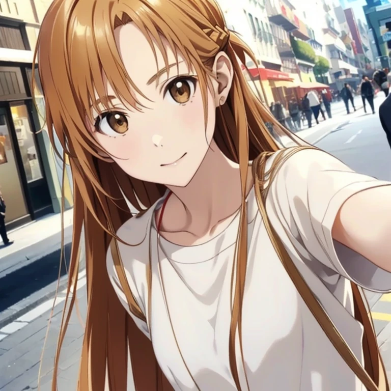 ((highest quality)), ((masterpiece)), (detailed), Perfect Face、Yuuki Asuna、（The woman is a brown-haired Japanese）、（The woman talks to the white man and gets picked up.）、The woman is being picked up enthusiastically by a white man on the street and the woman is having a fun conversation、((A white man with a good physique and a strong body))、The woman is dressed casually、Man dressed casually、White men approach women and women listen to them