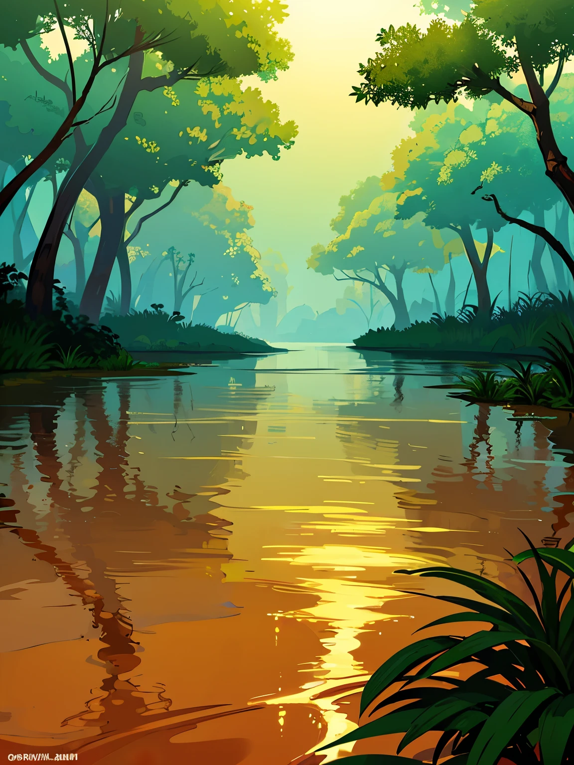 There are no people ,beautiful lighting in the evening,((Nobody is here)),((There are no artifacts,Nature)),((on murky big Amazon River)), There is no road,No buildings, High quality,Detailed