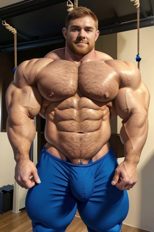 (1boy), (soft smile), tan skin, (natural daylight:1.3), (muscular:1.7), (defined muscles:1.5), (beautiful:1.5), (handsome:1.4), (gorgeous:1.3), (ginger:1.3), flexed chest, white jockstrap, bowtie, (good face:1.5), (male model:1.3), dimly lit, dark studio, beefy, bulky, Face of Josh Hutcherson on a matured man with a beard, crossing arms, arms crossed, rugged, hairy, strained muscles, Big muscular man with blue eyes and extremely defined vascular muscles, perfect six pack, (big package bulge:1.5), (hung:1.9), lean but ripped, big daddy, very slim waist, broad shoulders, wide chest