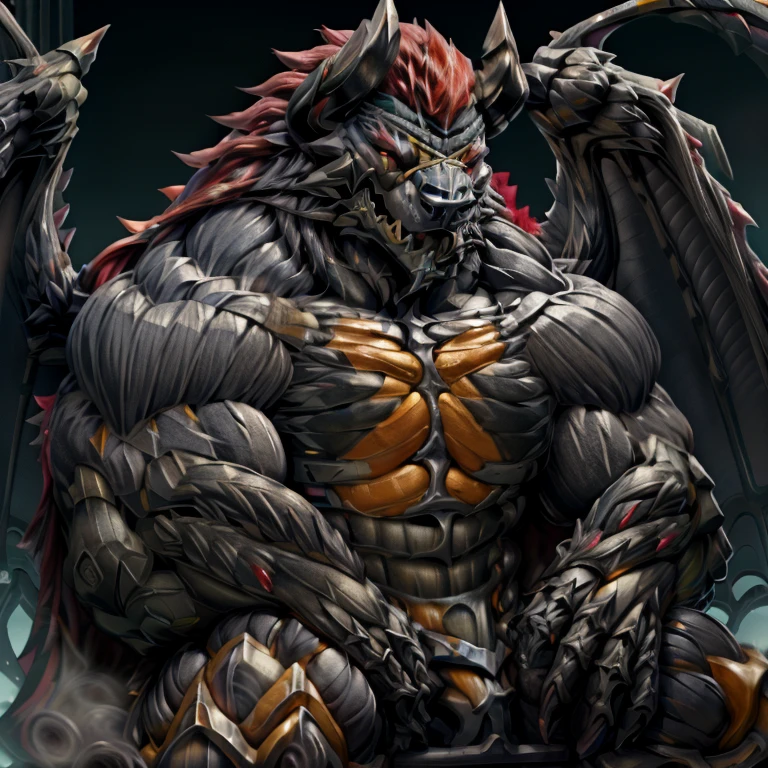 wearing crNanosuit, demon lord dragon batzz, (masterpiece, best quality, detailed:1.2) full body, detailed full body, a knight's mechanical armor, glowing wide and heavy armor, wears full body armor. massive muscles, huge pecs, chiseled abs, huge pectorals, exaggeratedly huge muscles. wearing a cloak. unusually developed muscular body big muscle, pecs, triceps, traps, waist narrow, unusually developed muscular body, The claws are sharp, Sharp teeth, Spread wings, It has wings. have big wings, sitting on the throne,