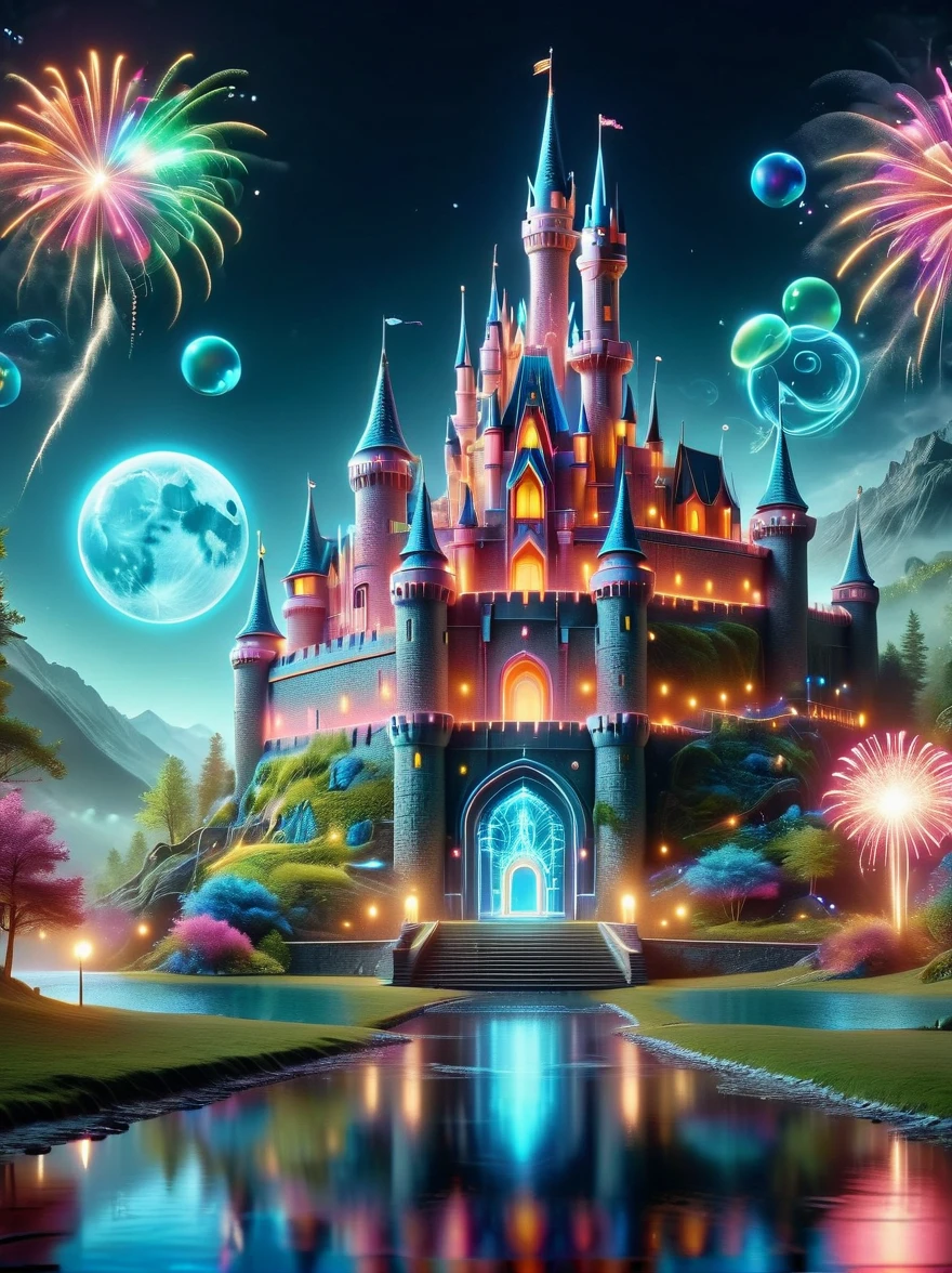 (Neon)，Circuit Board，(A mysterious dream castle:1.5), night，(moon:1.5)，(Bubbles)，(fireworks:1.5)，Dreams，(Psychedelic)，(Neon light)，In dreams，A hidden lake，Bright colors，A Glowing Feast，Add a unique character emitting the ethereal aura of a fantasy creature by the water，Wide angle lens，Make it panoramic，Showcasing stunning castle woodland scenery，This magical scene is full of the essence of the fantasy world, Fine fractal，smooth，vivid，Color ink，sketch，Shiny silhouette，(Ultra HD, masterpiece, precise, Anatomically correct, textured skin, High Detail, high quality, The award-winning, 8k), nlgtstyle