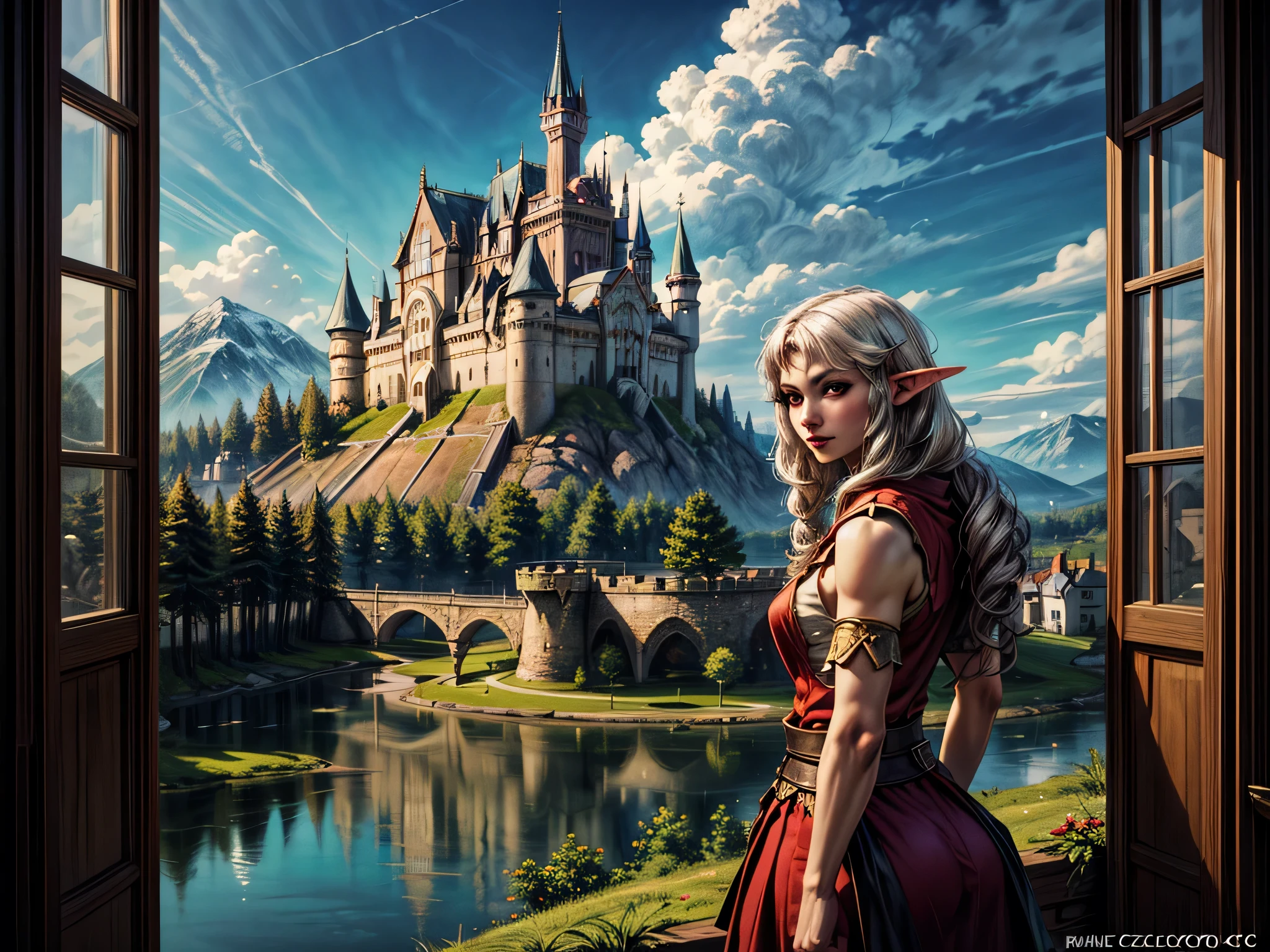 fantasy art, RPG art, a princess looking through her window at a magical castle, a beautiful elven princess looking through her window to see a magical castle, an impressive best detailed castle, with towers, bridges, a moat, standing on top of a mountain colouredglazecd_xl