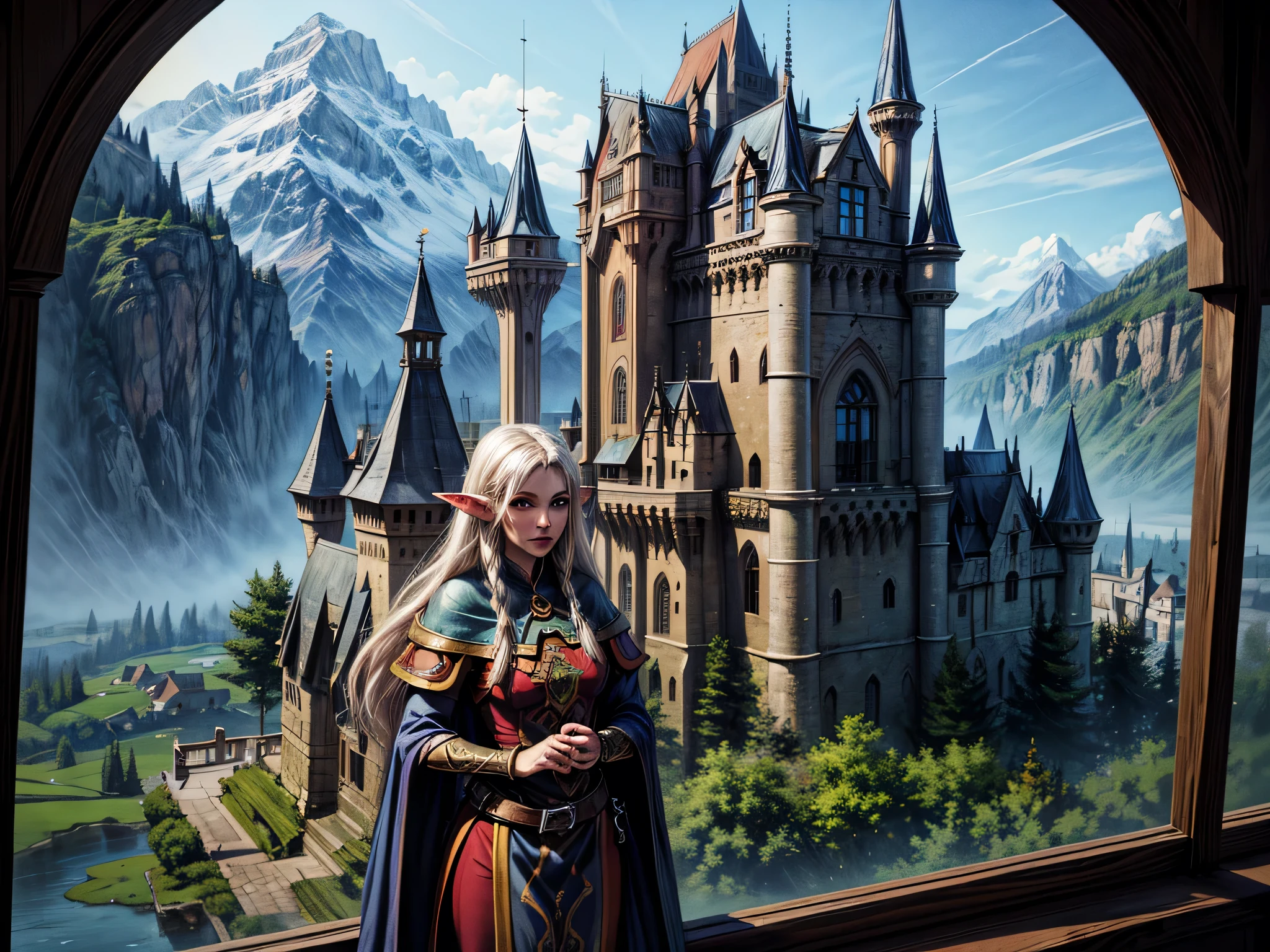 fantasy art, RPG art, a princess looking through her window at a magical castle, a beautiful elven princess looking through her window to see a magical castle, an impressive best detailed castle, with towers, bridges, a moat, standing on top of a mountain colouredglazecd_xl