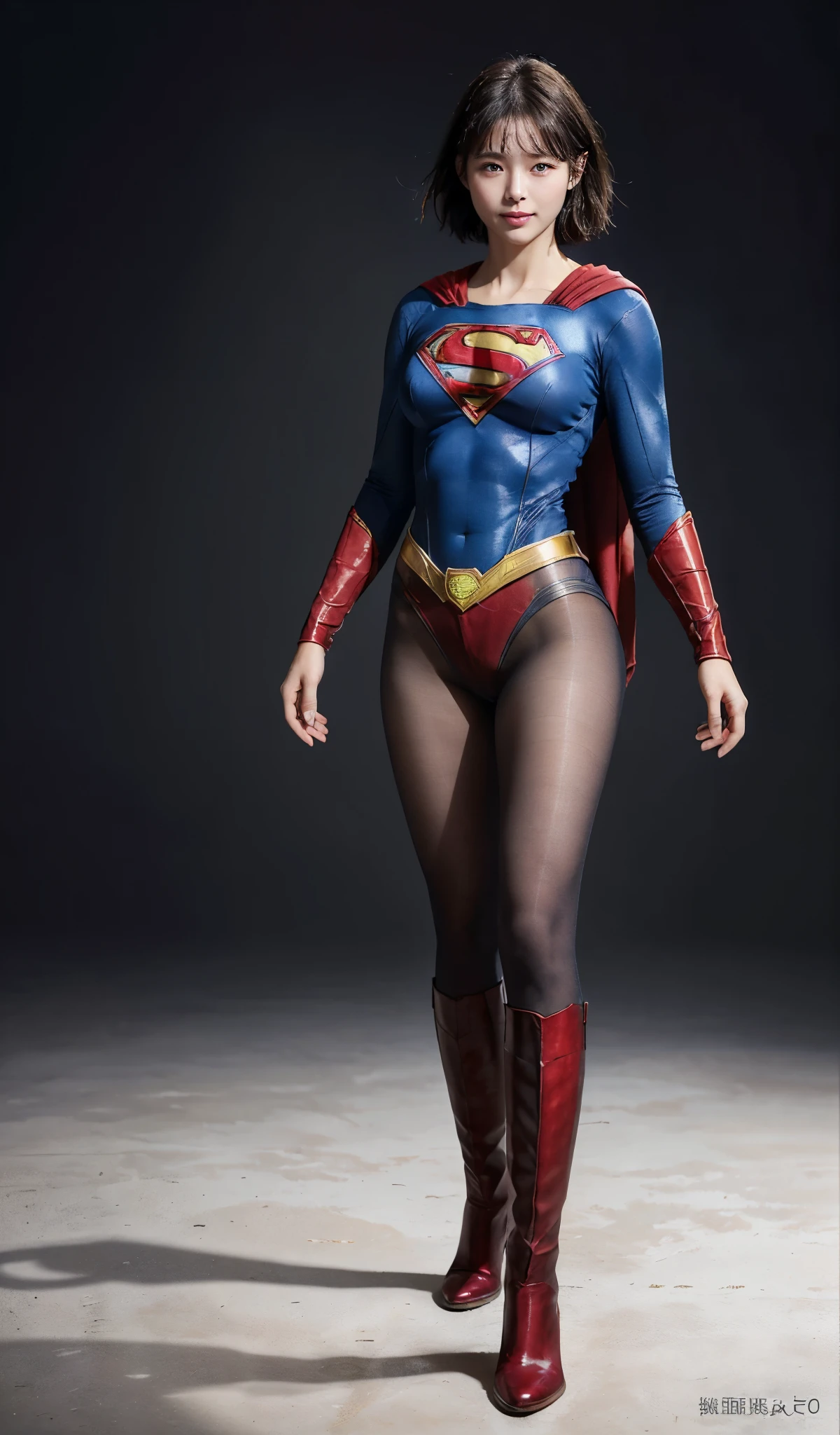 No background、(((Beautiful legs in black tights.)))、(((Legally express the beauty of your smile)))、((((Make the most of your original images)))、(((Supergirl Costume)))、(((Beautiful short bob hair)))、(((suffering)))、(((Please wear black tights....、Wear red boots)))、((Best image quality、8k))、((highest quality、8k、masterpiece:1.3))、(((Preserve background )))、Sharp focus:1.2、Beautiful woman with perfect figure:1.4、Slim Abs:1.2、Wet body:1.5、Highly detailed face and skin texture、8k