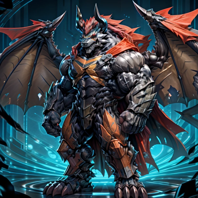 demon lord dragon batzz,  (masterpiece, best quality, detailed:1.2) full body, detailed full body, a knight's mechanical armor, glowing wide and heavy armor, wears full body armor. massive muscles, huge pecs, chiseled abs, huge pectorals, exaggeratedly huge muscles. wearing a cloak. unusually developed muscular body big muscle, pecs, triceps, traps, waist narrow, unusually developed muscular body, The claws are sharp, Sharp teeth, Spread wings, It has wings. have big wings.