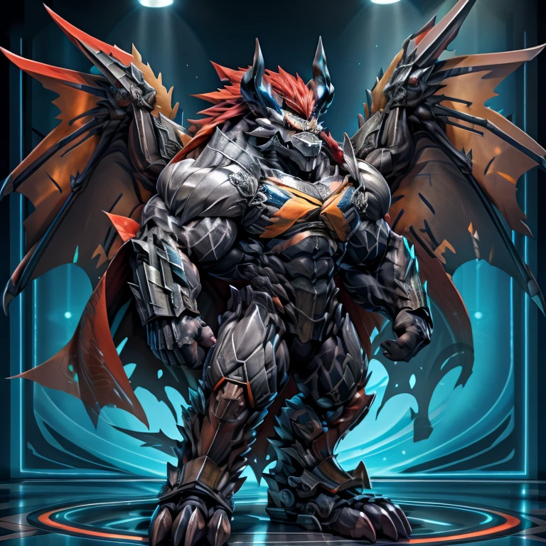 demon lord dragon batzz,  (masterpiece, best quality, detailed:1.2) full body, detailed full body, a knight's mechanical armor, glowing wide and heavy armor, wears full body armor. massive muscles, huge pecs, chiseled abs, huge pectorals, exaggeratedly huge muscles. wearing a cloak. unusually developed muscular body big muscle, pecs, triceps, traps, waist narrow, unusually developed muscular body, The claws are sharp, Sharp teeth, Spread wings, It has wings. have big wings.