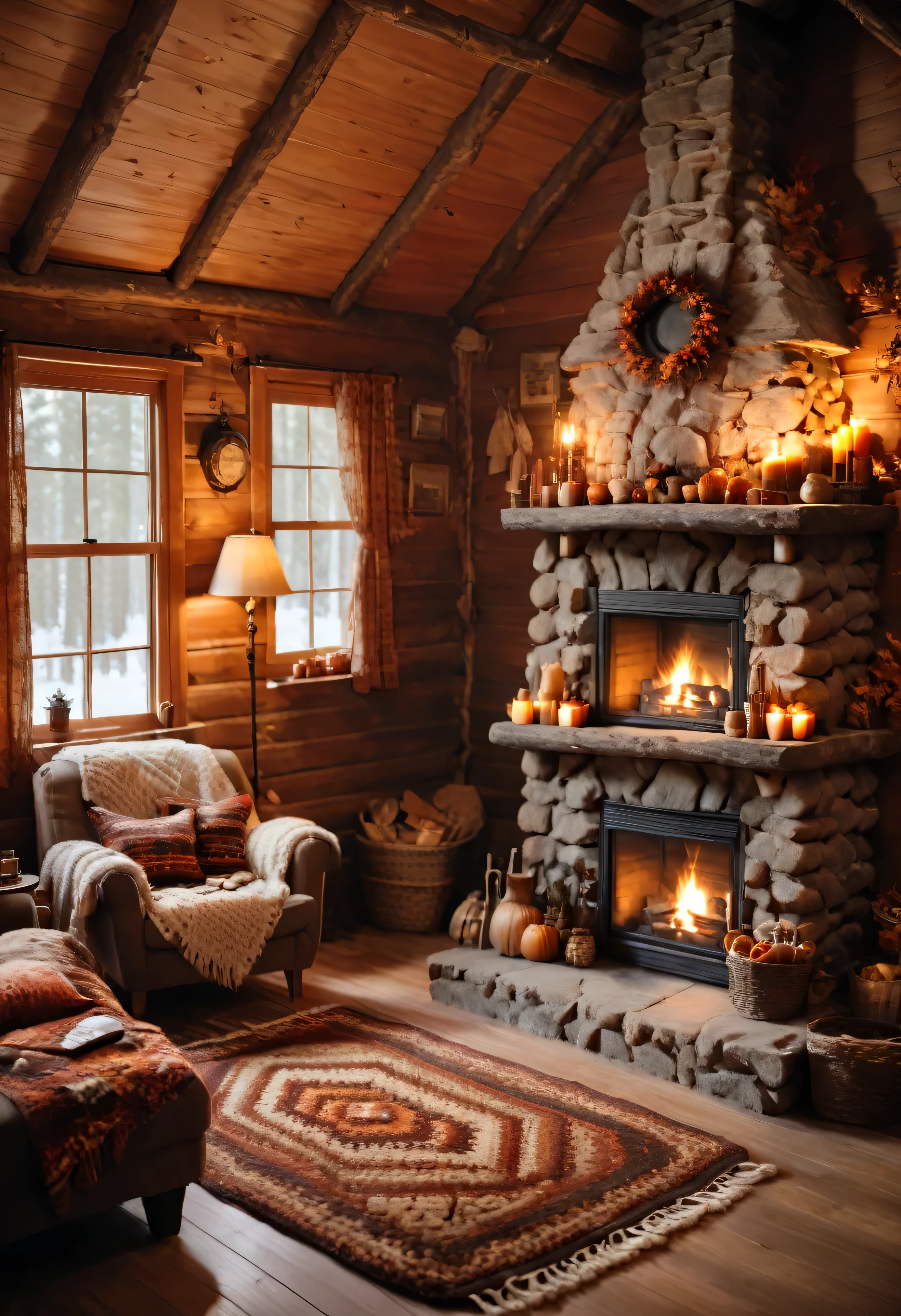 a view of a cabin with a fireplace and a rug autumncolor, warm interior, cozy place, inside of a cabin, cozy environment, in a cabin, cozy setting, cozy room, cosy atmoshpere, warm interiors, wide shot of a cabin interior, cozy atmosphere, cozy atmospheric, warm living room, cozy wallpaper, cabin in the woods, cozy and peaceful atmosphere