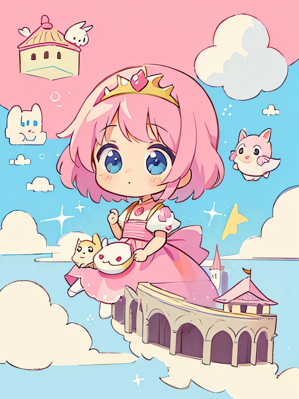 Momoko Sakura style, Kawaii Design, The most beautiful girl of all time、Chibi、(((palace above the clouds)))、Lots of animals, fun