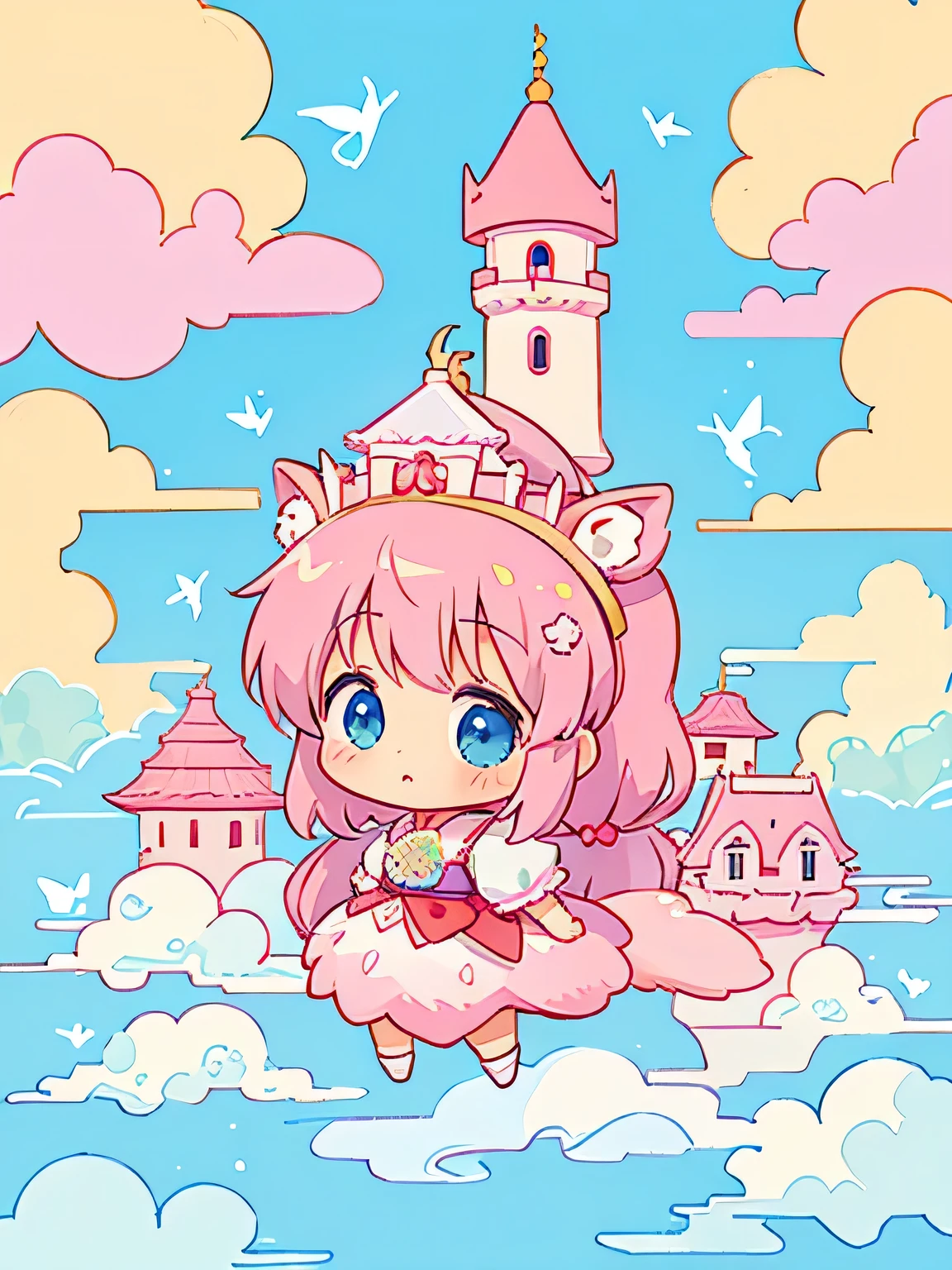 Momoko Sakura style, Kawaii Design, The most beautiful girl of all time、Chibi、(((palace above the clouds)))、Lots of animals, fun