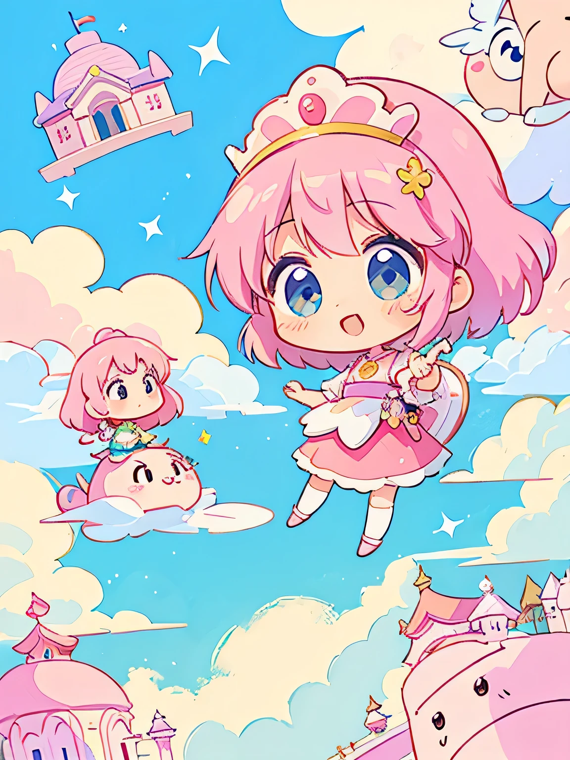 Momoko Sakura style, Kawaii Design, The most beautiful girl of all time、Chibi、(((palace above the clouds)))、Lots of animals, fun