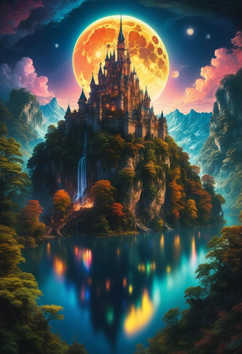 Dream Castle, aesthetic, Masterpiece, a castle with a full moon in the background and a lake in the foreground, beautiful detailed fantasy, magical castle, fantasy highly detailed, beautiful castle, beautiful art uhd 4 k, fantasy castle, 4k highly detailed digital art, magic fantasy highly detailed, detailed fantasy digital art, 4k fantasy art, fantasy fairytale story, ultra detailed fantasy, digital art inspired by Marc Simonetti, Artstation contest winner, fantasy art