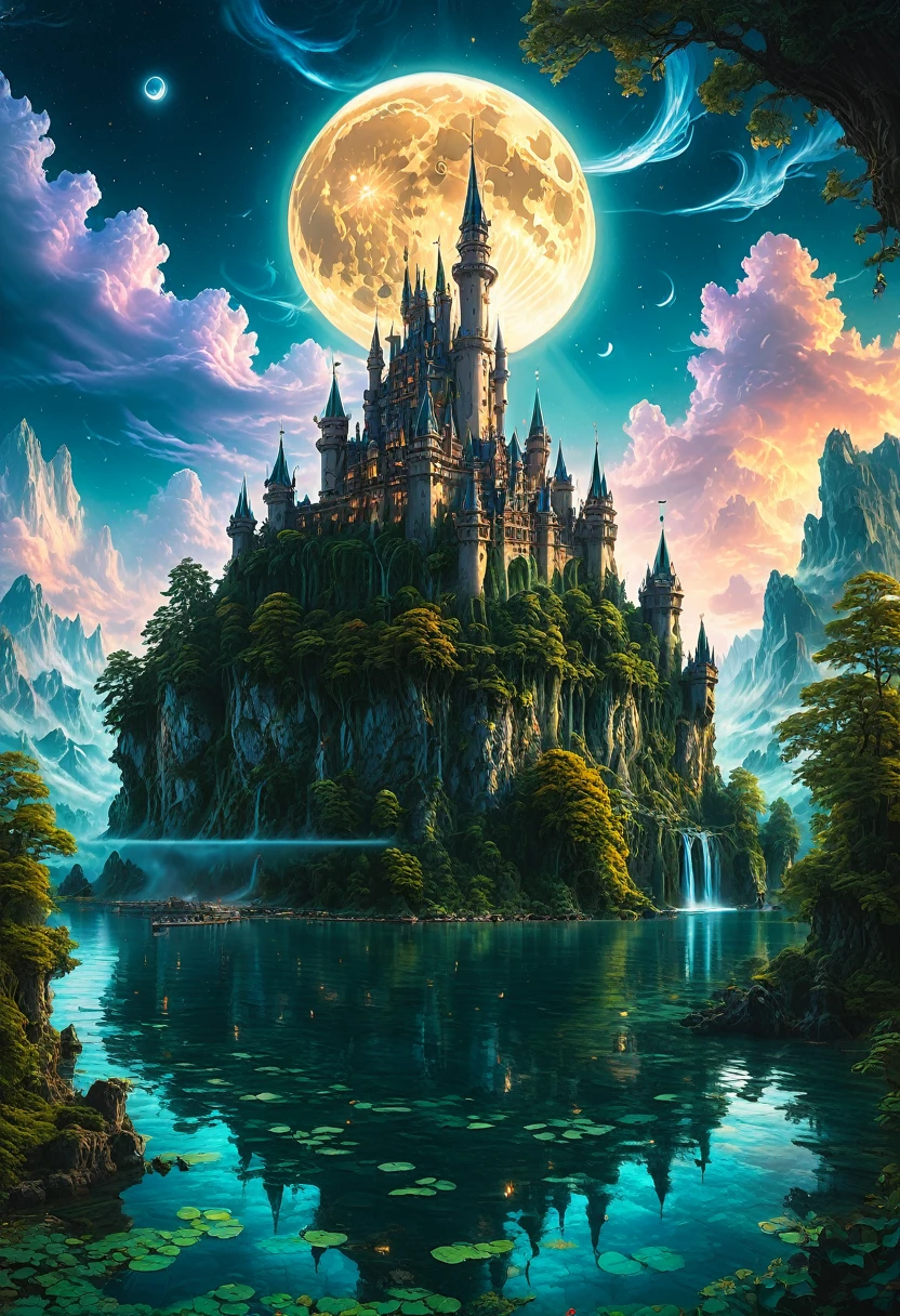 Dream Castle, aesthetic, Masterpiece, a castle with a full moon in the background and a lake in the foreground, beautiful detailed fantasy, magical castle, fantasy highly detailed, beautiful castle, beautiful art uhd 4 k, fantasy castle, 4k highly detailed digital art, magic fantasy highly detailed, detailed fantasy digital art, 4k fantasy art, fantasy fairytale story, ultra detailed fantasy, digital art inspired by Marc Simonetti, Artstation contest winner, fantasy art