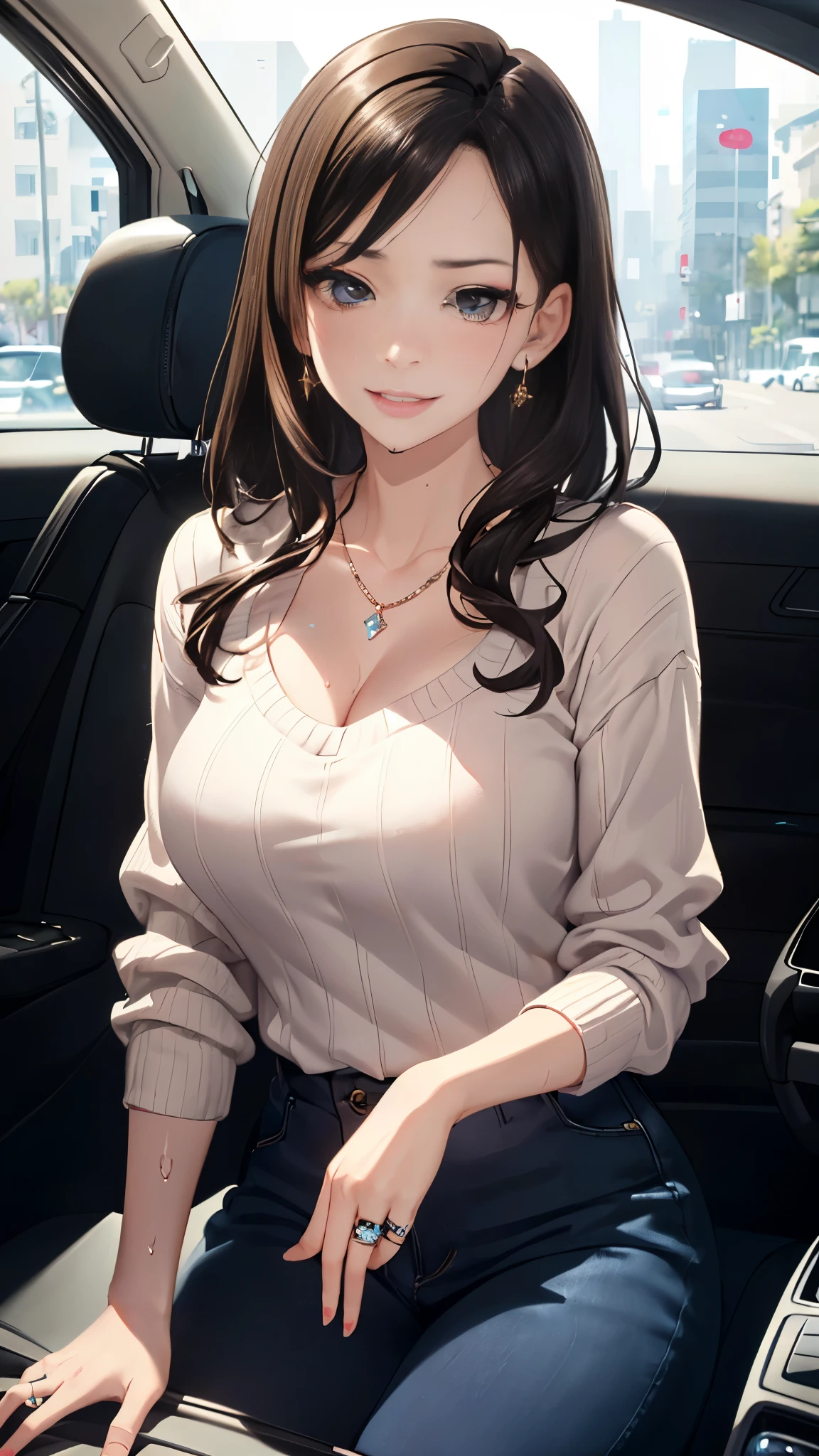 ((highest quality, 8K, masterpiece:1.3)), concentrated:1.2, perfect body beauty:1.4, buttocks:1.2, ((delicate hair)), (sweater dress:1.1) , (Car interior, street: 1.2), Highly detailed face and skin texture, fine eyes, double eyelid, Whitening skin, big breasts, smile, wearing a necklace, ring, A person sitting in a car with his butt up々,(((exquisite female body、sweat,dislike、Sexy Mom, slutty makeup、dripping sweat、oil skin,sparkling skin、realistic skin texture、detailed beautiful skin、shiny skin、shiny white skin)))、angry face、dotei killer sweater、