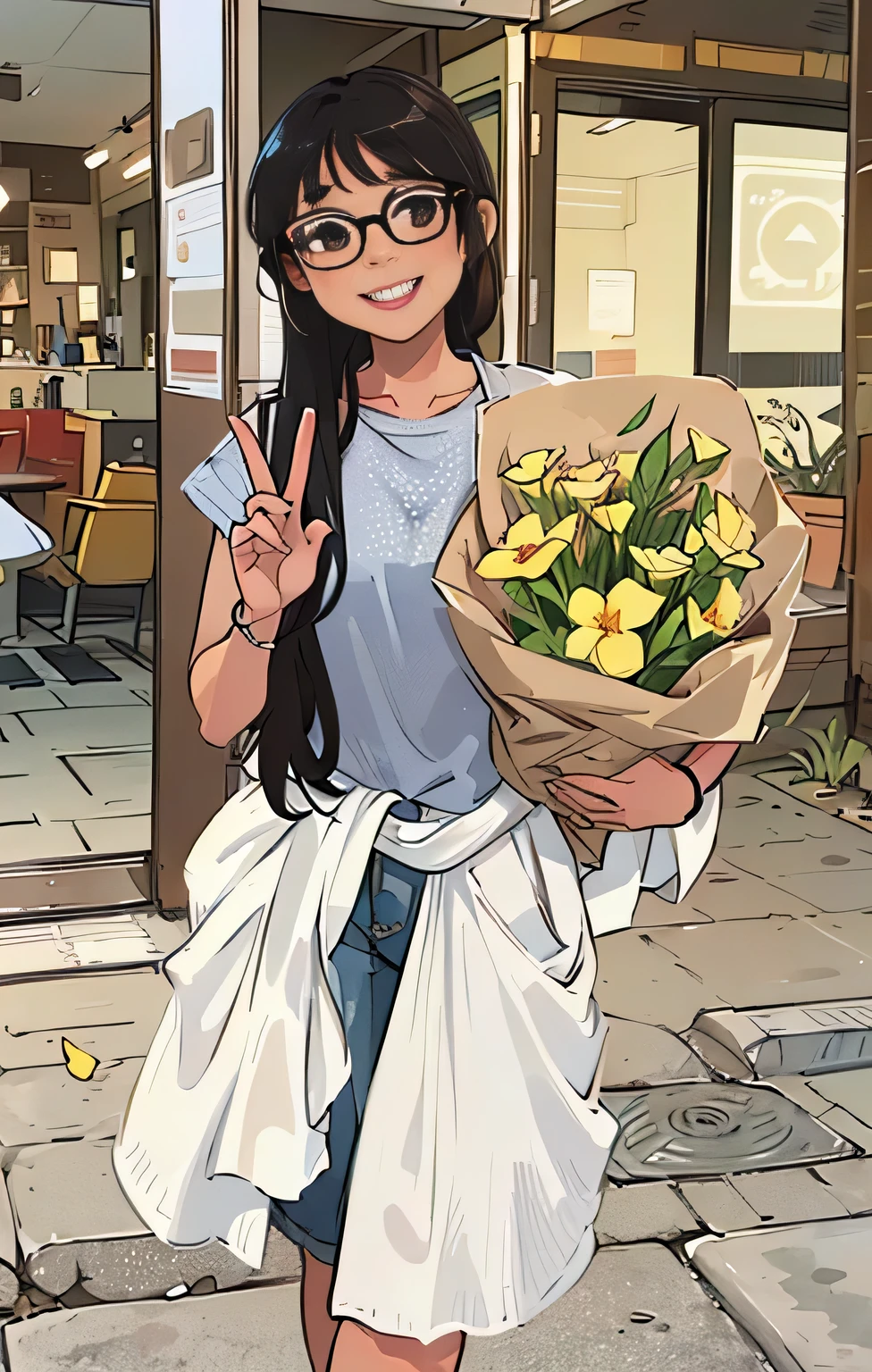 Girl ,Flowers in hand, Attractive smile black hair radiating bright black pupils black frame glasses cartoon