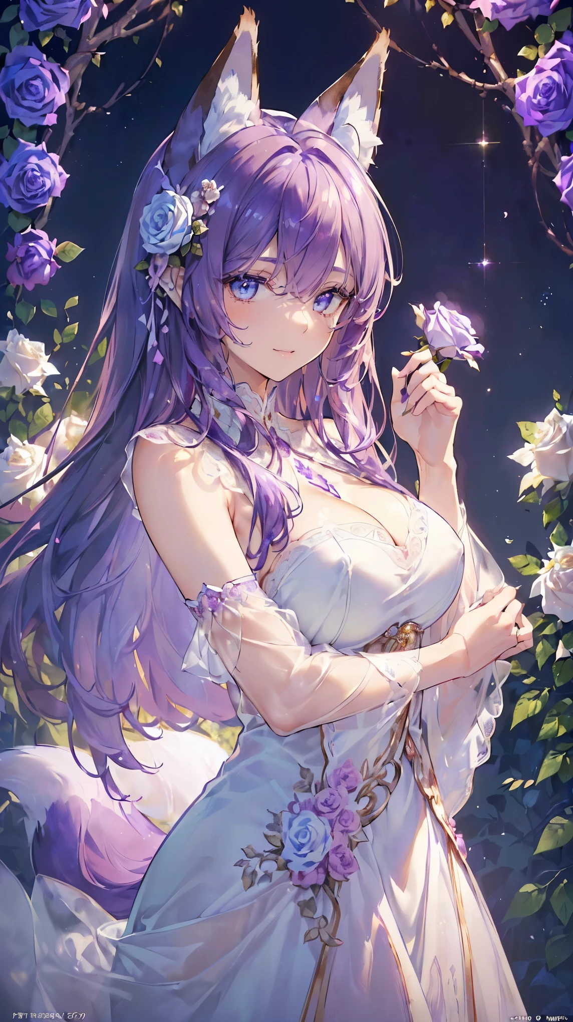 (((Masterpiece))), (((Highest quality))), ((Ultra-detailed)), ((Super fine illustration)), ((Ultra-fine painting)), (16K highest quality wallpaper:1.4), (Upper body:1.4), (Highly detailed and delicate illustration style:1.8), Detailed skin texture, Detailed cloth texture, Detailed rose flower texture, Extreme detailed description, (T-masterpiece), (Highly detailed face:1.4), (Highly detailed Purple fox ears:1.2), (Highly detailed Purple hair:1.2), (Highly detailed clear eyes:1.2), Original, RAW photo, Professional, Intricate details, Super details, Direct light:1.6, (Perfect anatomy:1.4), (Highly detailed hands:1.2), (Highly detailed fingers:1.2), (Highly detailed fingertips:1.2), (27-years-old), Real, (Solo:1.6), ((A very beautiful and attractive Purple fox fashion model:1.4))
BRAKE
(Beautiful and adorable Purple fox ears:1.6), (Highly detailed and delicate Purple fox ears:1.2), (Beautiful and well-shaped big breasts:1.2), (Beautiful and well-shaped buttocks), (Beautiful and shiny Purple hair:1.6), (Highly detailed and delicate Purple hair:1.4), (Beautiful clear blue eyes that shine with great detail:1.6), (Highly detailed and delicate blue eyes:1.2), (Highly detailed face:1.4), (Smile:1.4), (Looking at viewer:1.4), (Standing:1.4), (Celebration:1.4)
BRAKE
((A beautiful and gorgeous princess dress that is detailed and delicate to be worn at celebratory occasions:1.4))
BRAKE
((Holding in both hands a large bouquet of highly detailed and delicate ((white and pink roses)):1.3))
BRAKE
(Just after noon:1.4), (Celebration:1.4), ((Highly detailed and delicate white rose flower and pink rose flower garden background:1.4)), (Highly detailed and delicate royal palace courtyard background in just after noon in spring:1.4) BRAKE
