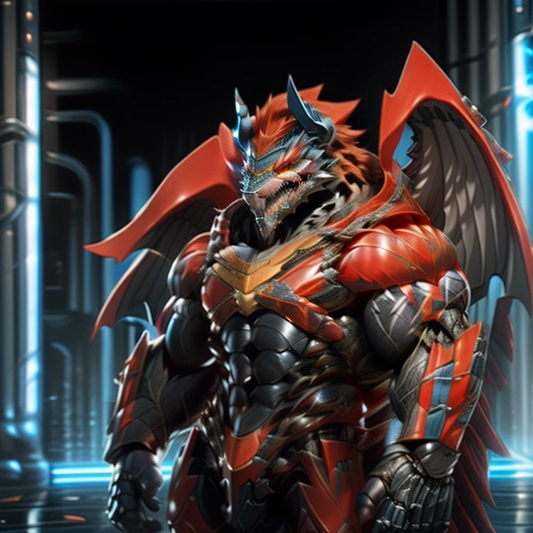 demon lord dragon batzz,  (masterpiece, best quality, detailed:1.2) full body, detailed full body, a knight's mechanical armor, glowing wide and heavy armor, wears full body armor. massive muscles, huge pecs, chiseled abs, huge pectorals, exaggeratedly huge muscles. wearing a cloak. unusually developed muscular body big muscle, pecs, triceps, traps, waist narrow, unusually developed muscular body, The claws are sharp, Sharp teeth, Spread wings, It has wings. have big wings.