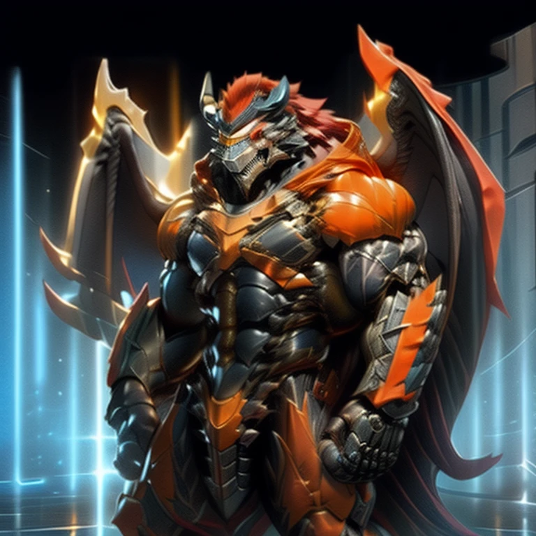 demon lord dragon batzz,  (masterpiece, best quality, detailed:1.2) full body, detailed full body, a knight's mechanical armor, glowing wide and heavy armor, wears full body armor. massive muscles, huge pecs, chiseled abs, huge pectorals, exaggeratedly huge muscles. wearing a cloak. unusually developed muscular body big muscle, pecs, triceps, traps, waist narrow, unusually developed muscular body, The claws are sharp, Sharp teeth, Spread wings, It has wings. have big wings.