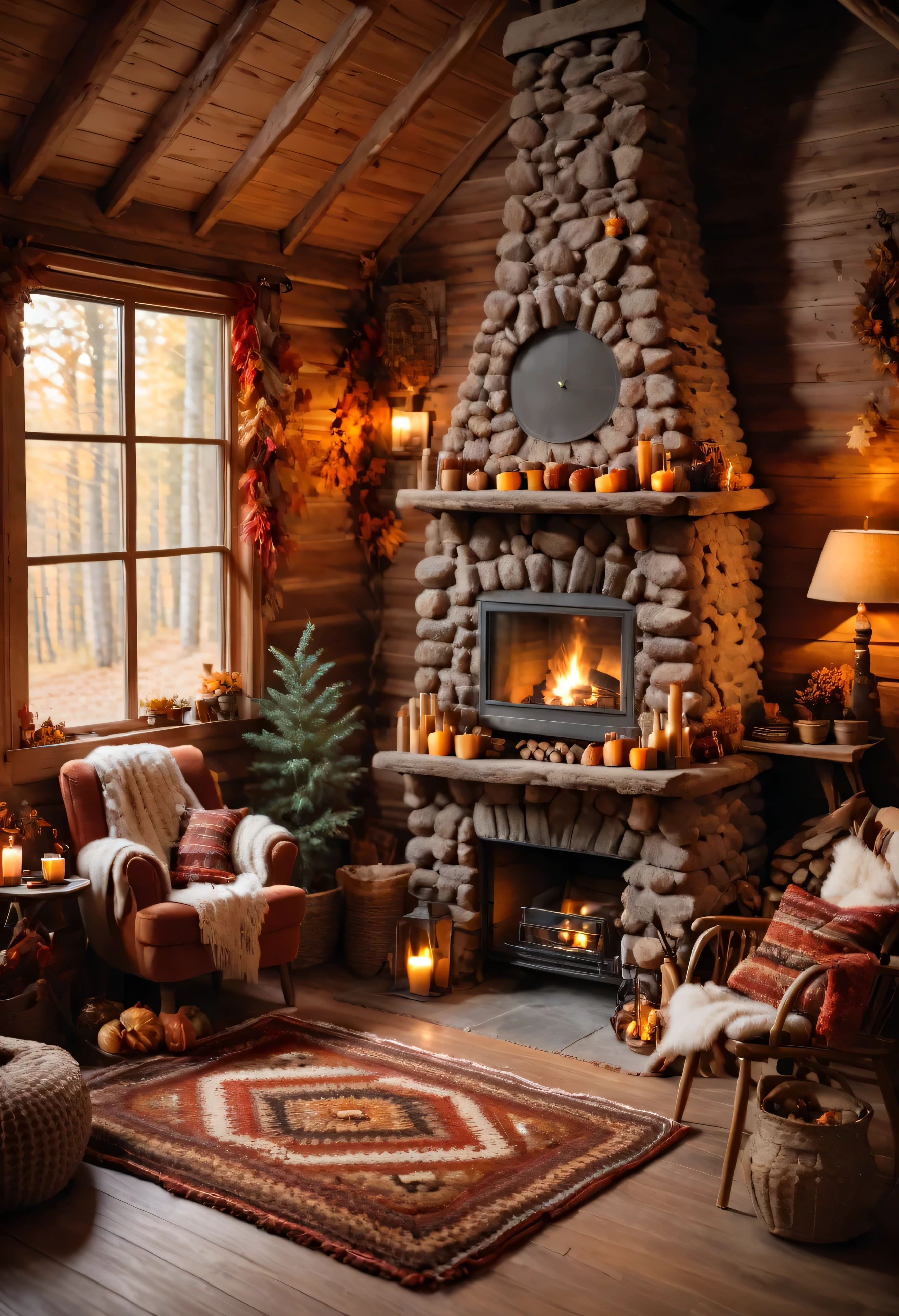 a view of a cabin with a fireplace and a rug autumncolor, warm interior, cozy place, inside of a cabin, cozy environment, in a cabin, cozy setting, cozy room, cosy atmoshpere, warm interiors, wide shot of a cabin interior, cozy atmosphere, cozy atmospheric, warm living room, cozy wallpaper, cabin in the woods, cozy and peaceful atmosphere