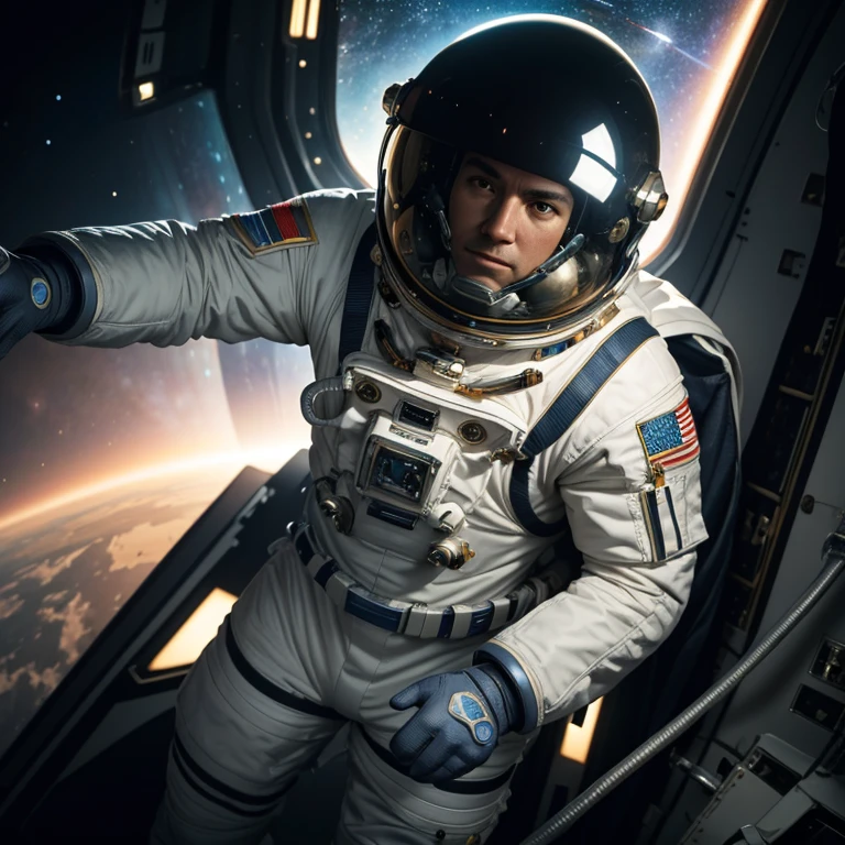 : Masterpiece, photorealistic, photorealism, best quality, ultra-detailed:1.3, dancing astronauts, astronaut's suit, cosmonaut's helmet, space in the background,
