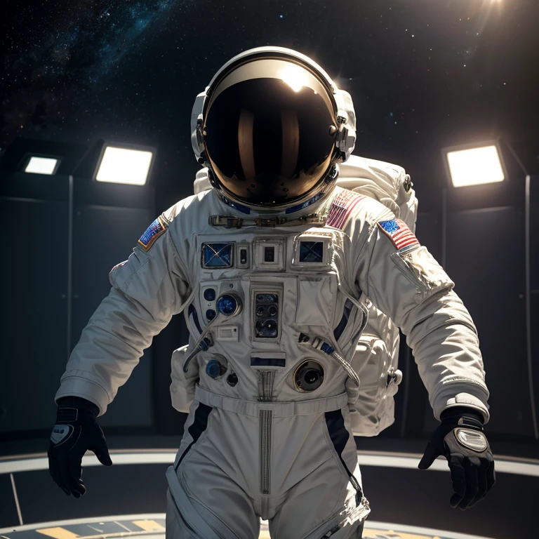 : Masterpiece, photorealistic, photorealism, best quality, ultra-detailed:1.3, dancing astronauts, astronaut's suit, cosmonaut's helmet, space in the background,