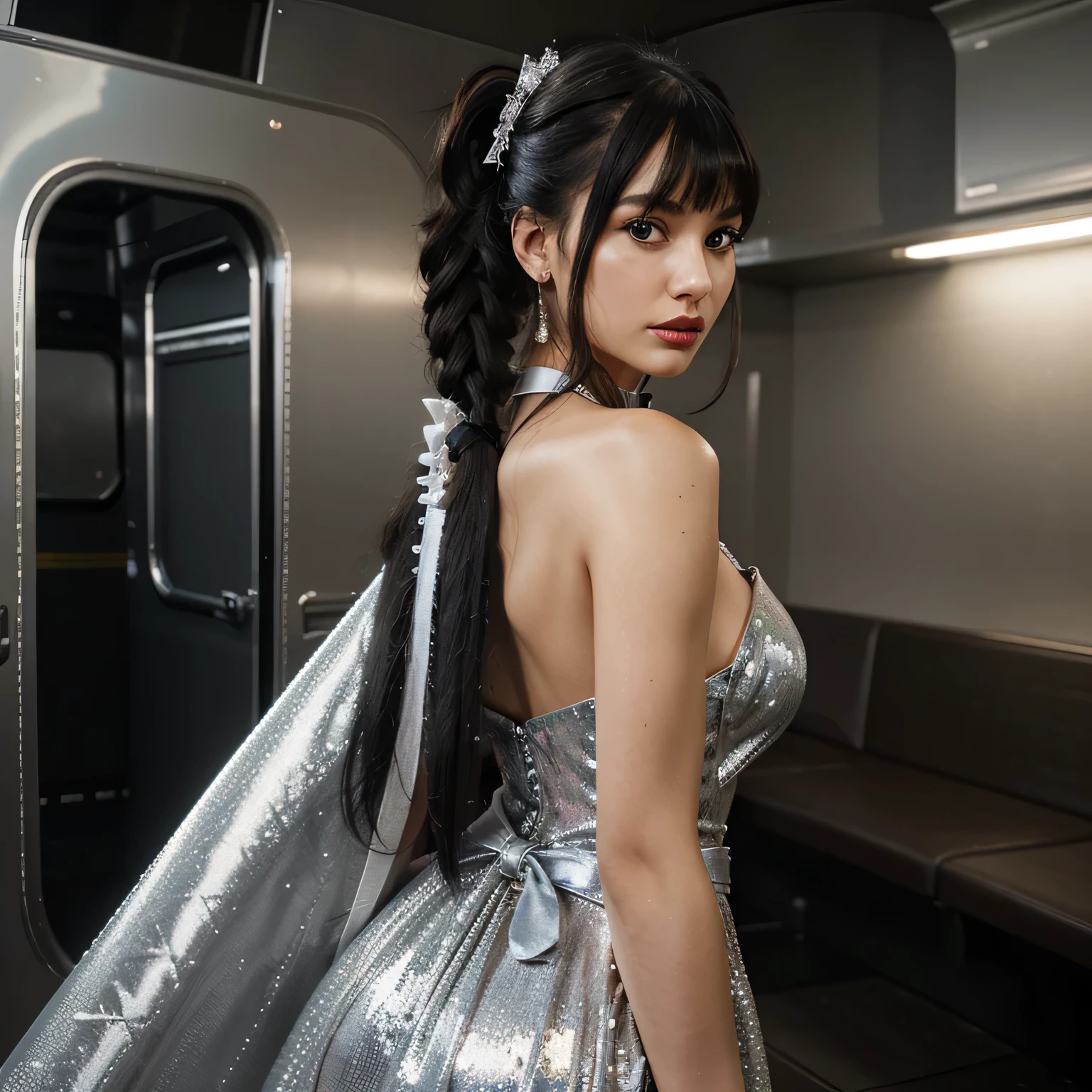 A beautiful hyperreal woman who represents Sailor Moon. Black hair, very big breasts, giant butt, tiny waist. Her face has Japanese anime features. Pigtails: she has long black hair that reaches approximately the middle of his back. Her distinctive hairstyle consists of two high, voluminous pigtails that extend up and out from the top of her head. Bows: At the base of each ponytail, she wears a large bow that keeps her hair in place. Bangs: She has short, blunt bangs that frame her face and curve to the sides. She wears a floor-length gown crafted from shimmering silver metallic fabric, draping elegantly around her figure. The bodice features intricate beading and sequin embellishments, catching the light with every movement. The skirt cascades into a dramatic train, adorned with feather accents for added texture and drama. Her accessories include oversized statement earrings crafted from polished chrome, reflecting her avant-garde style. Her makeup is bold yet sophisticated, with smoky eyes and a bold red lip, exuding confidence and allure. The setting is a futuristic gala event, with sleek minimalist decor and ambient lighting to enhance the metallic tones of her ensemble.